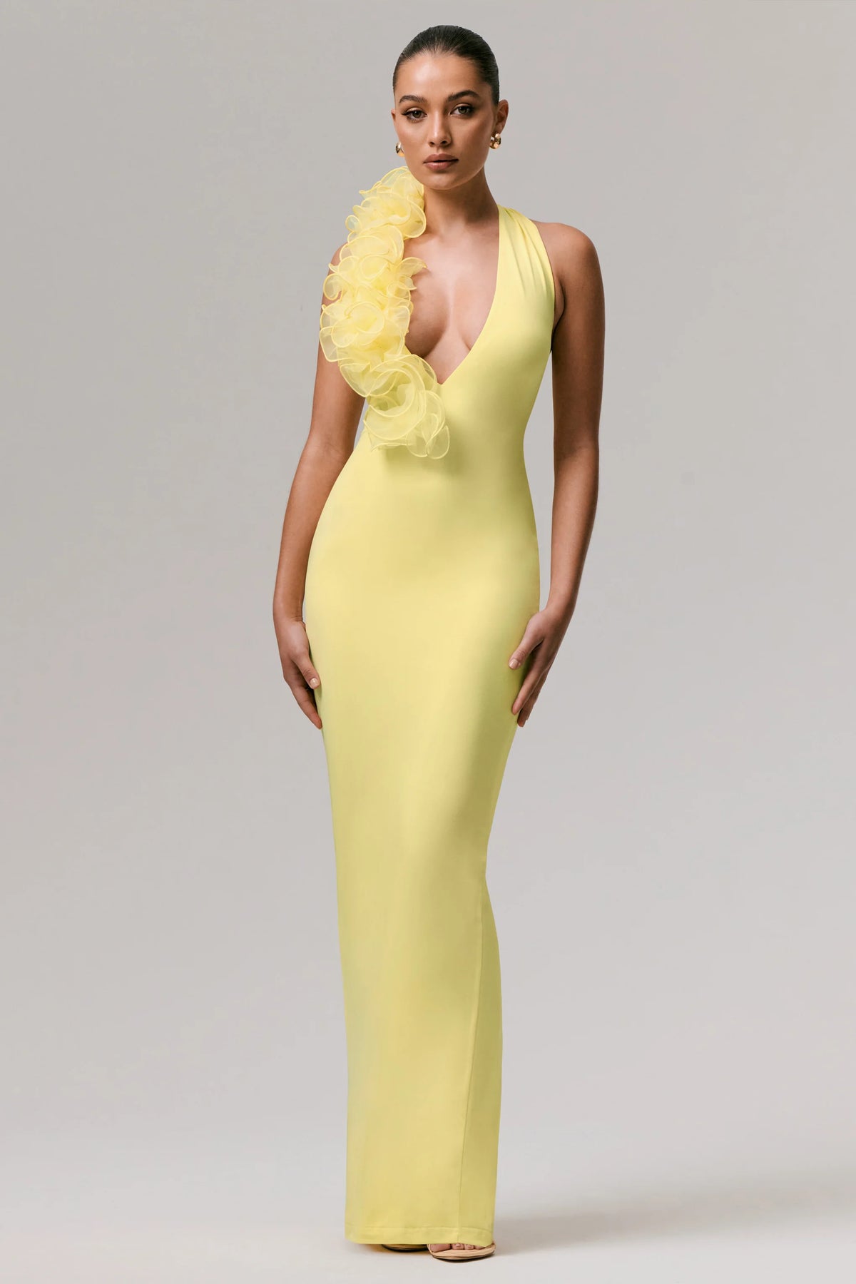 Harriet Lemon Plunge Neck Maxi Dress With Floral Detail