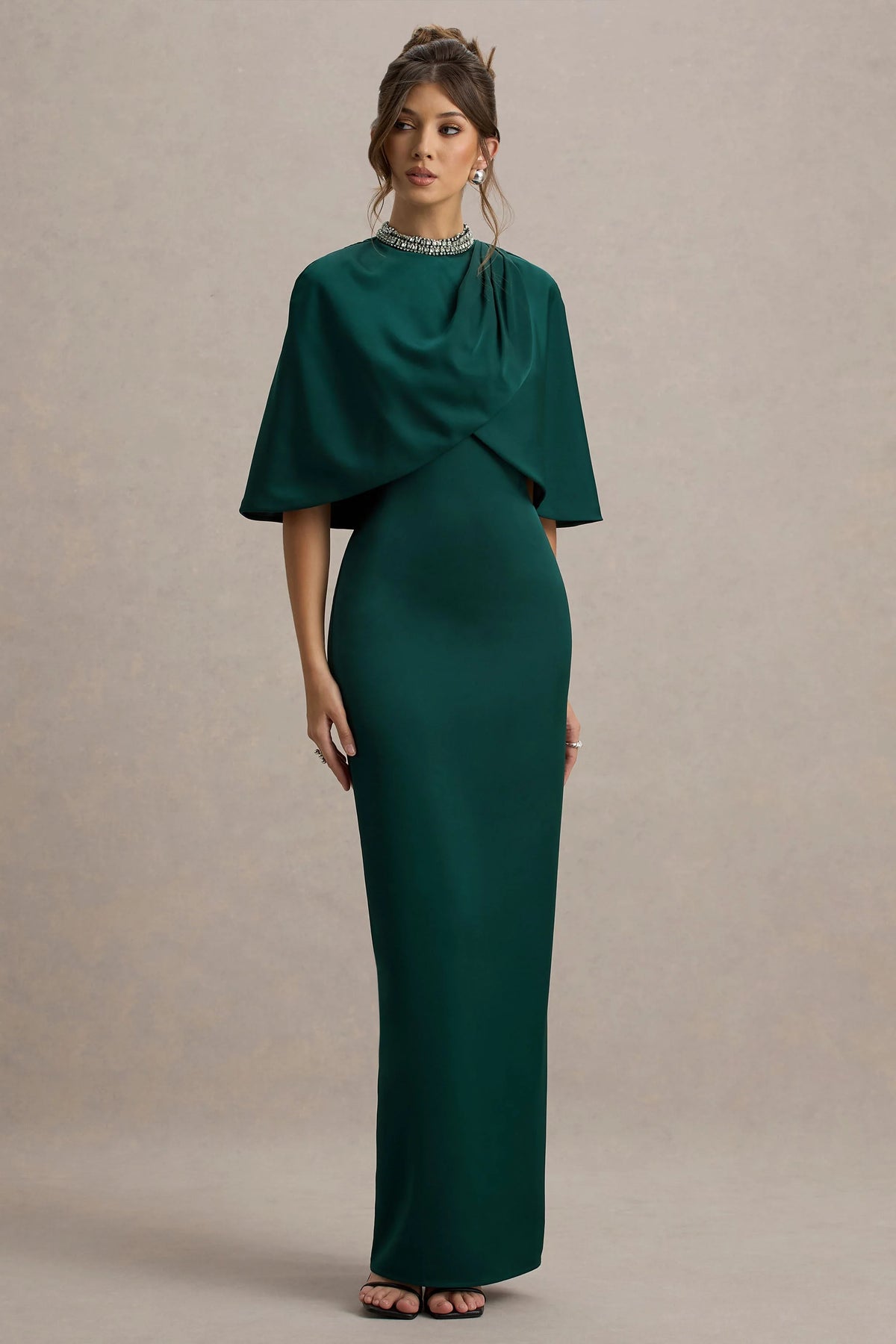 Diletta Bottle Green Cape Maxi Dress