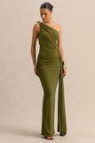 Clarosia Green Asymmetric Neck Maxi Dress With Cut Out With Sash