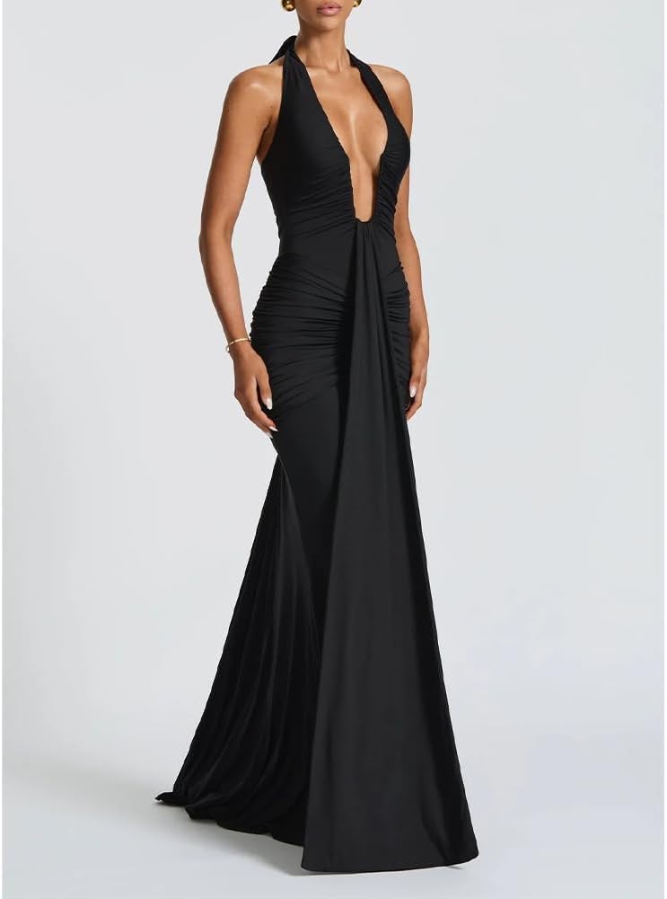Women Deep V Neck Ruched Maxi Dress Sleeveless Halter Gown Cocktail Evening Formal Dresses
