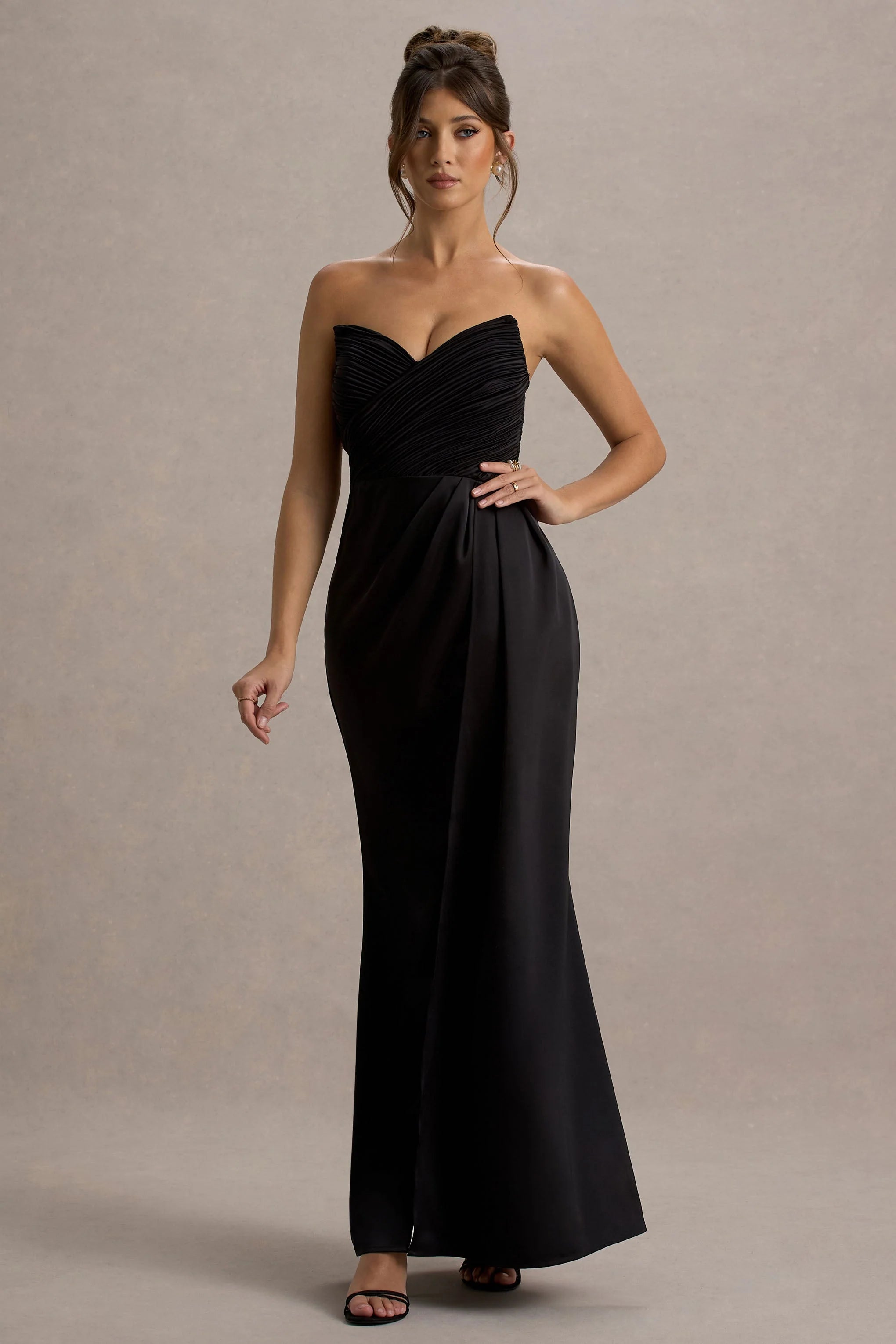 Edel Black Satin Strapless Maxi Dress With Drape