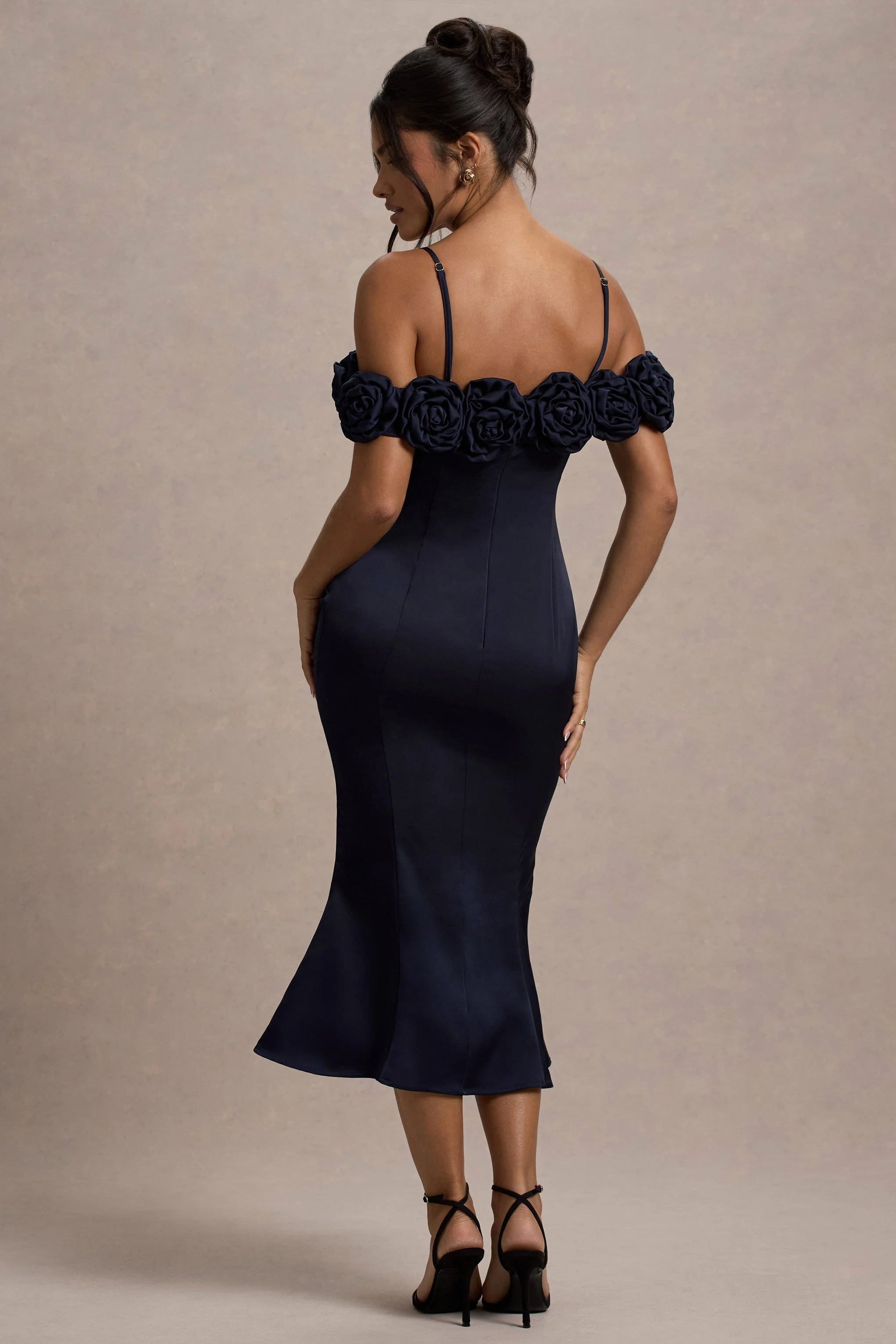 Petunia Navy Satin Floral Bardot Midi Dress