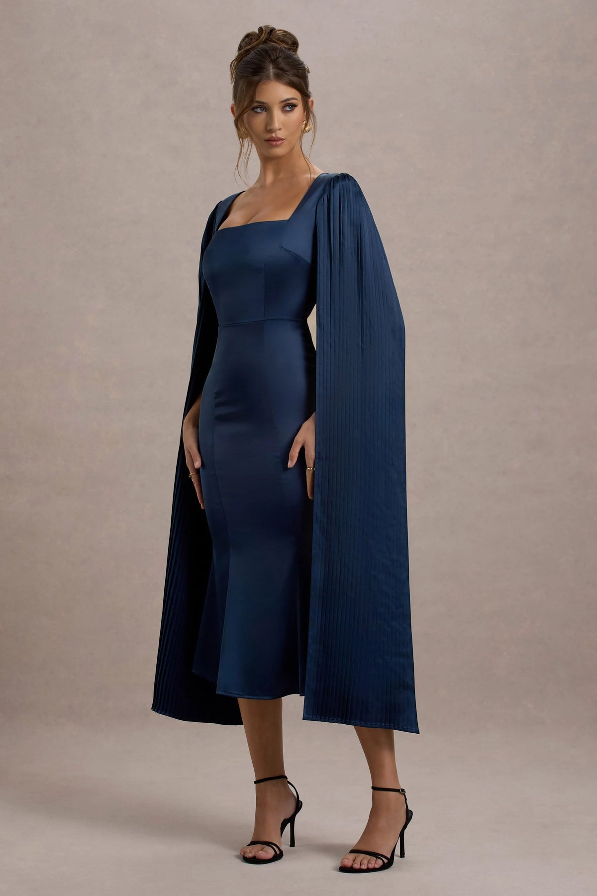 Nalda Navy Square Neck Midi Dress With Cape Sleeves