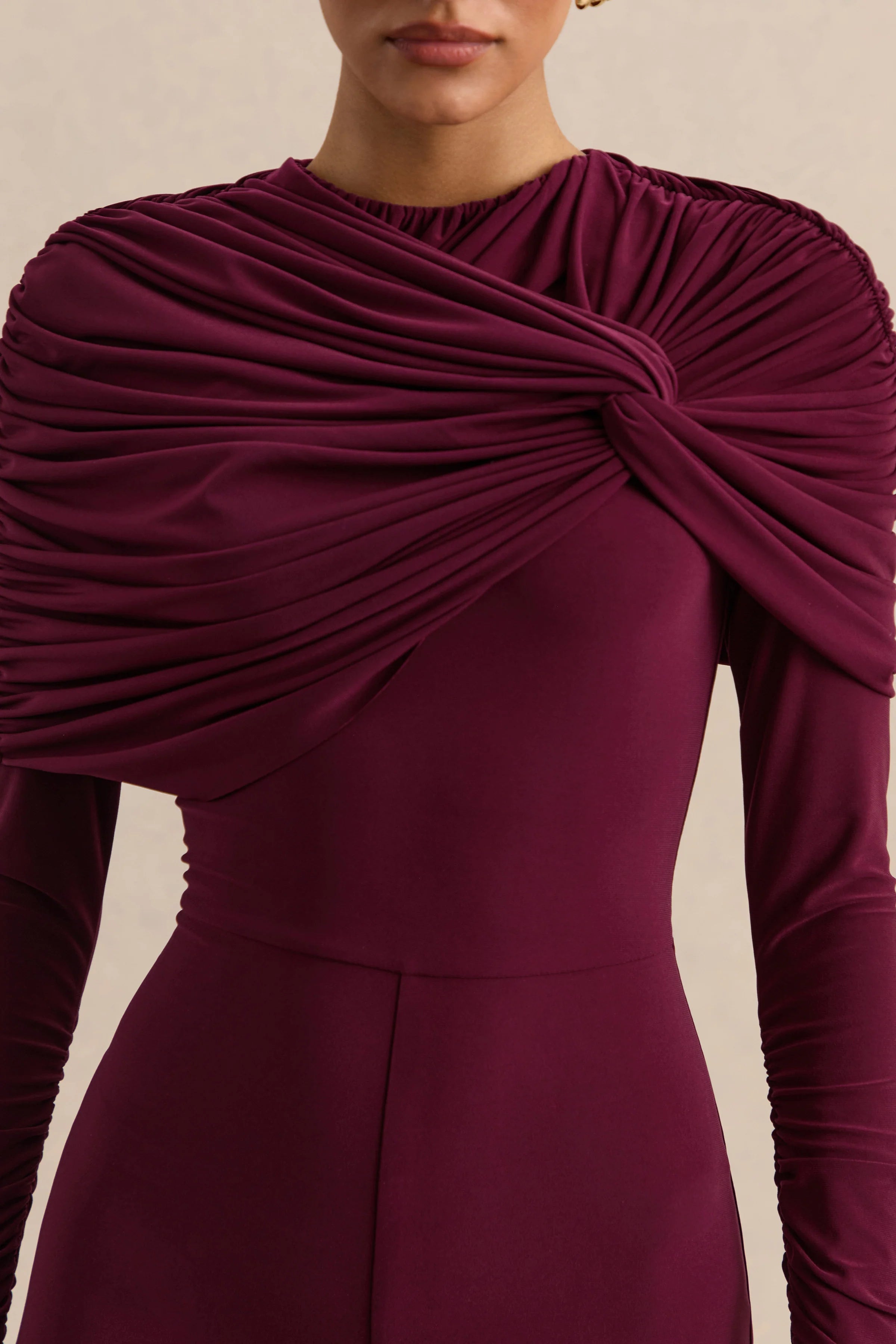 Eloura Burgundy High Neck Jumpsuit With Twist Gathered Detail