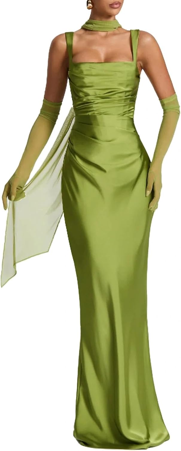 Women Wedding Guest Dress Satin Corset Top Elegant Maxi Dresses with Sheer Scarf Evening Gown