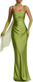 Women Wedding Guest Dress Satin Corset Top Elegant Maxi Dresses with Sheer Scarf Evening Gown
