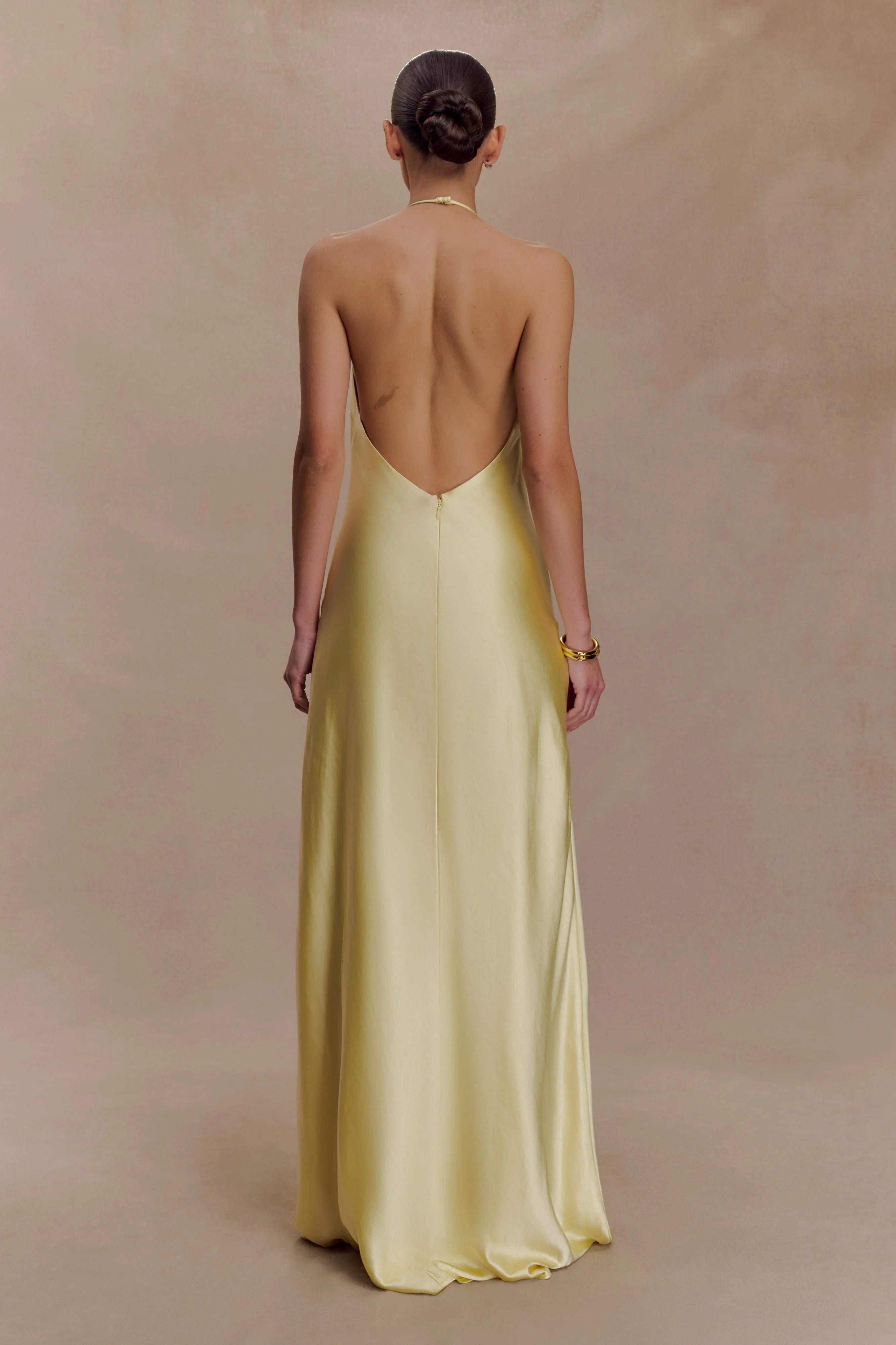 Bella Satin Halter Maxi Dress Lemon