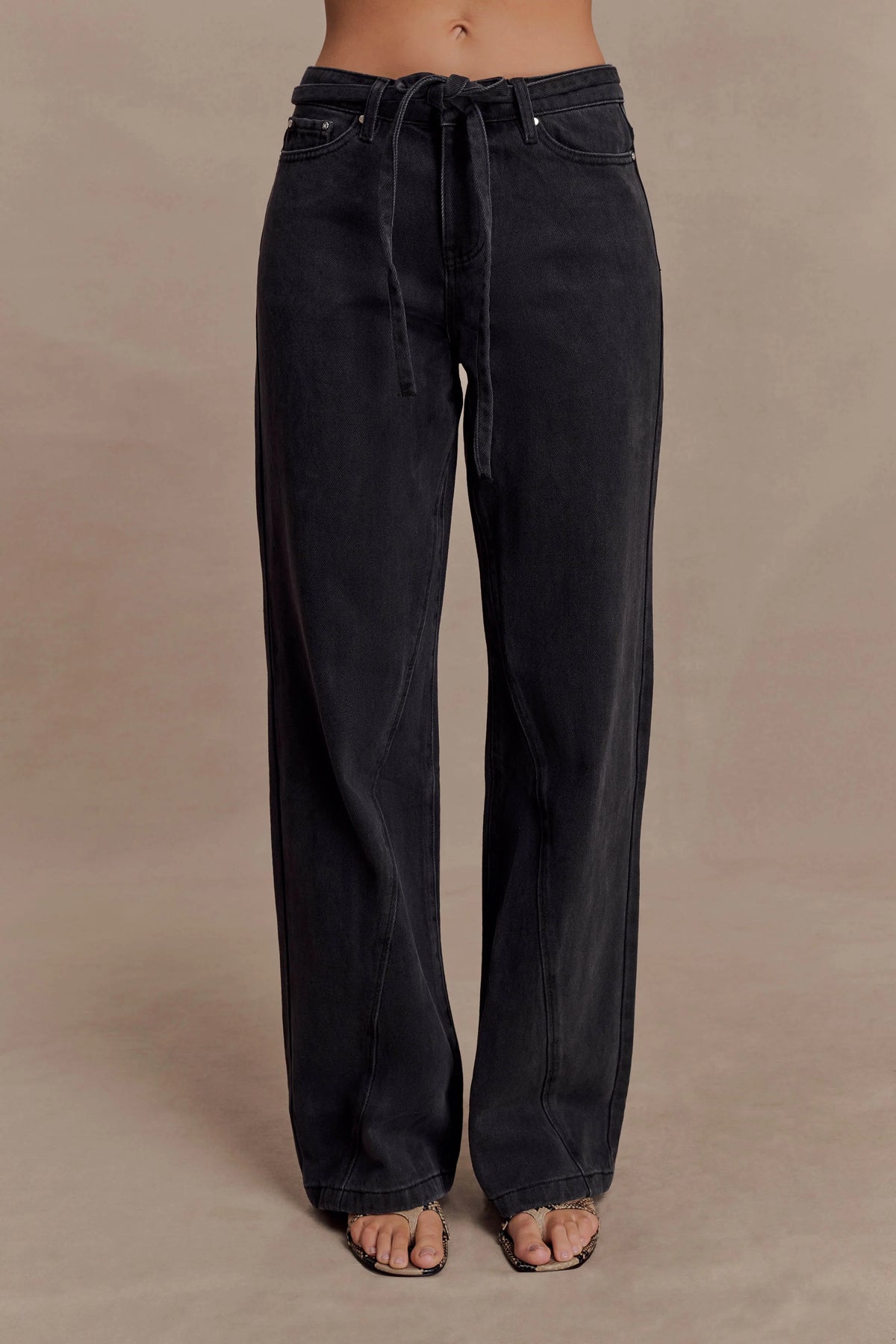 Perrie Mid Rise Straight Leg Tie Jeans Washed Black