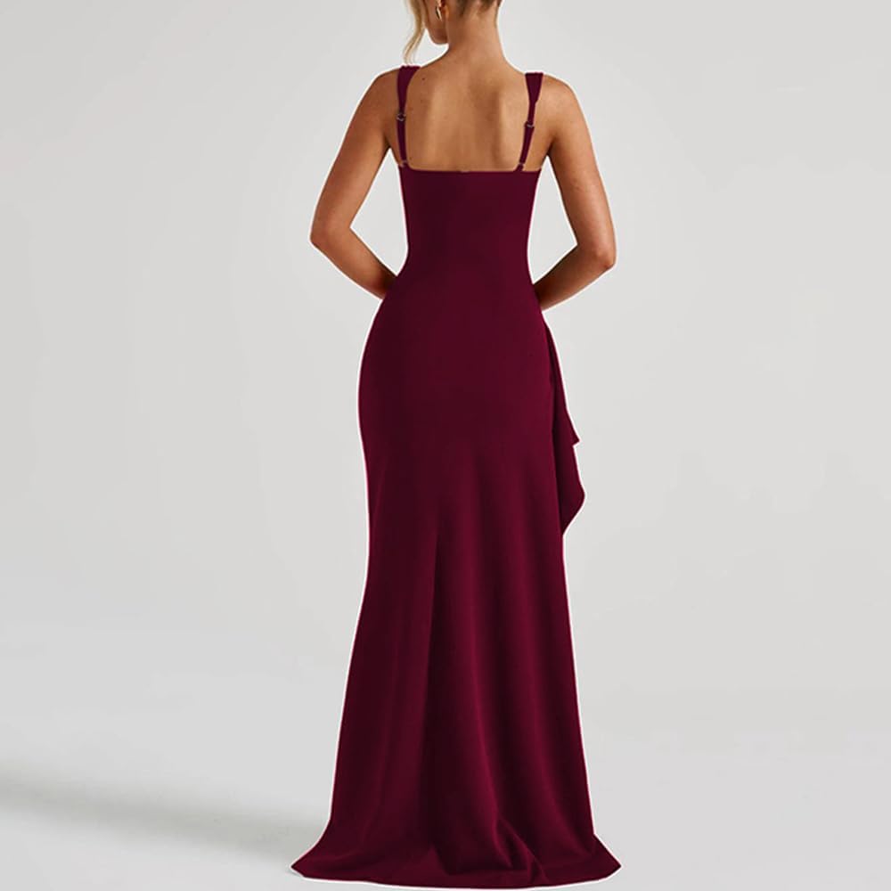 Women Formal Dresses Sleeveless Bodycon Ruched High Slit Sexy Maxi Dress Cocktail Prom