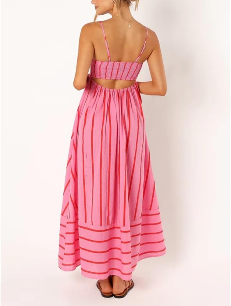 Women Striped Maxi Dress Sleeveless Backless Cutout Smocked Sundress Spaghetti Straps Boho Flowy Dresses