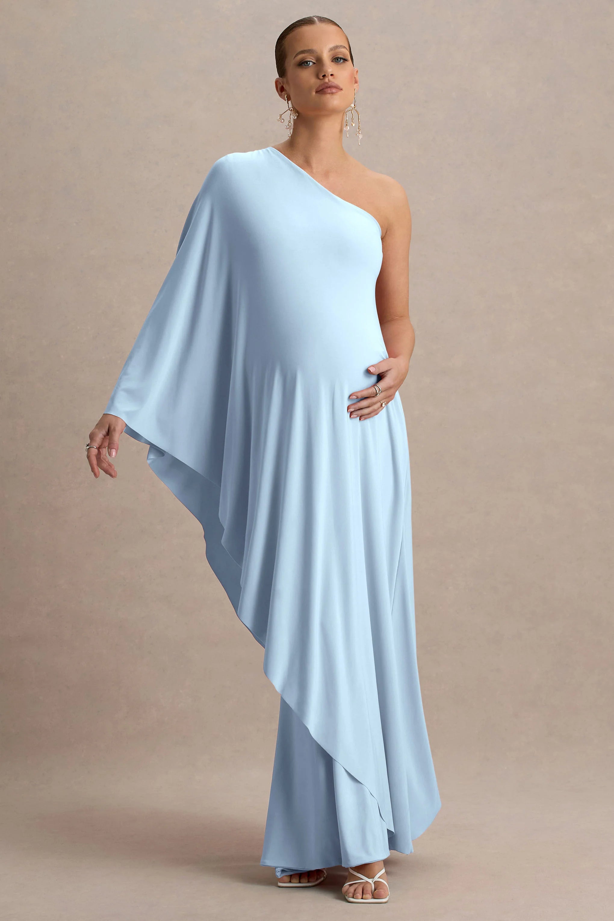 Waves Powder Blue Asymmetric Maternity Maxi Dress With One Sleeve Cape