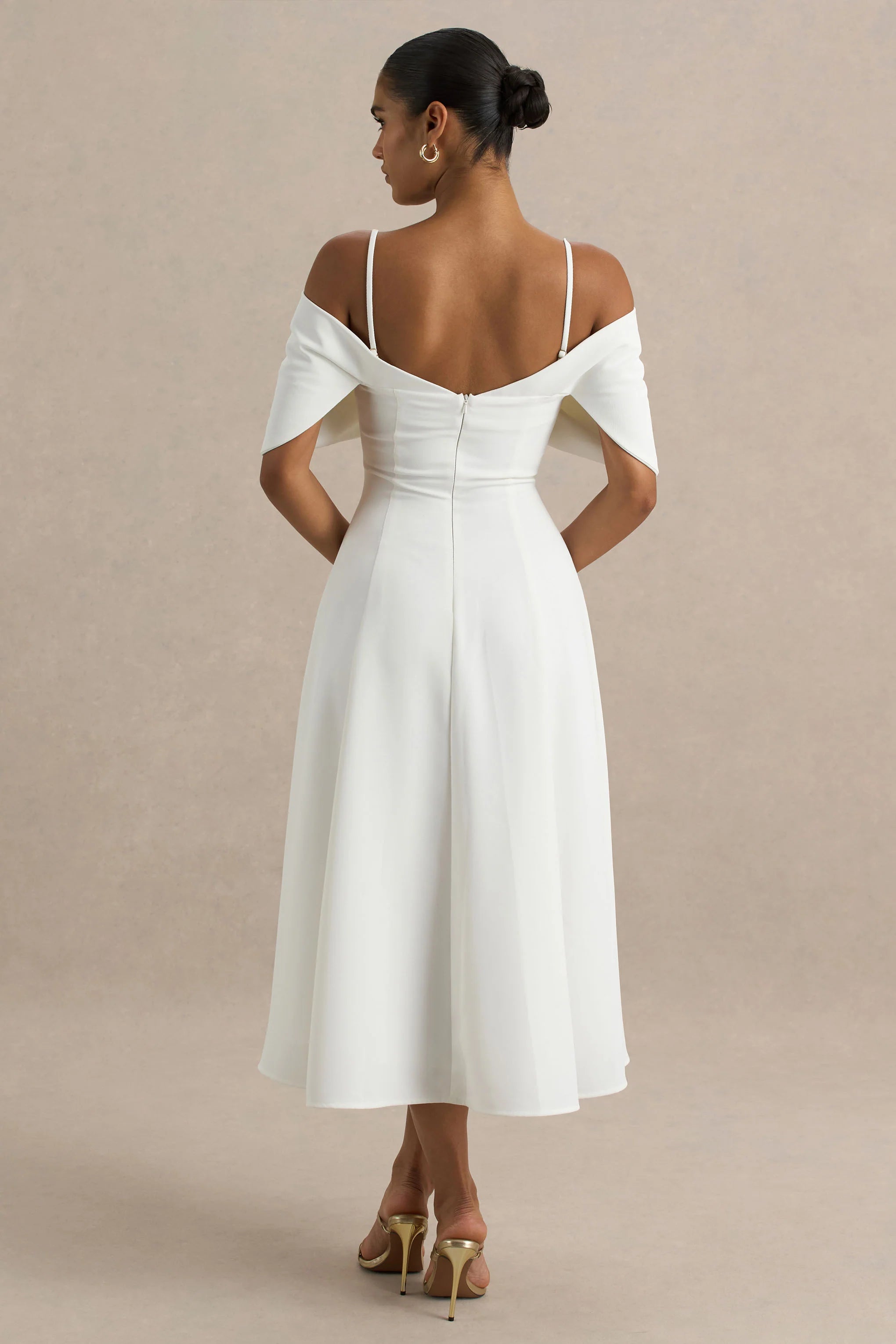 Hettie White Short Sleeve Bardot Midi Dress With Bow Detail