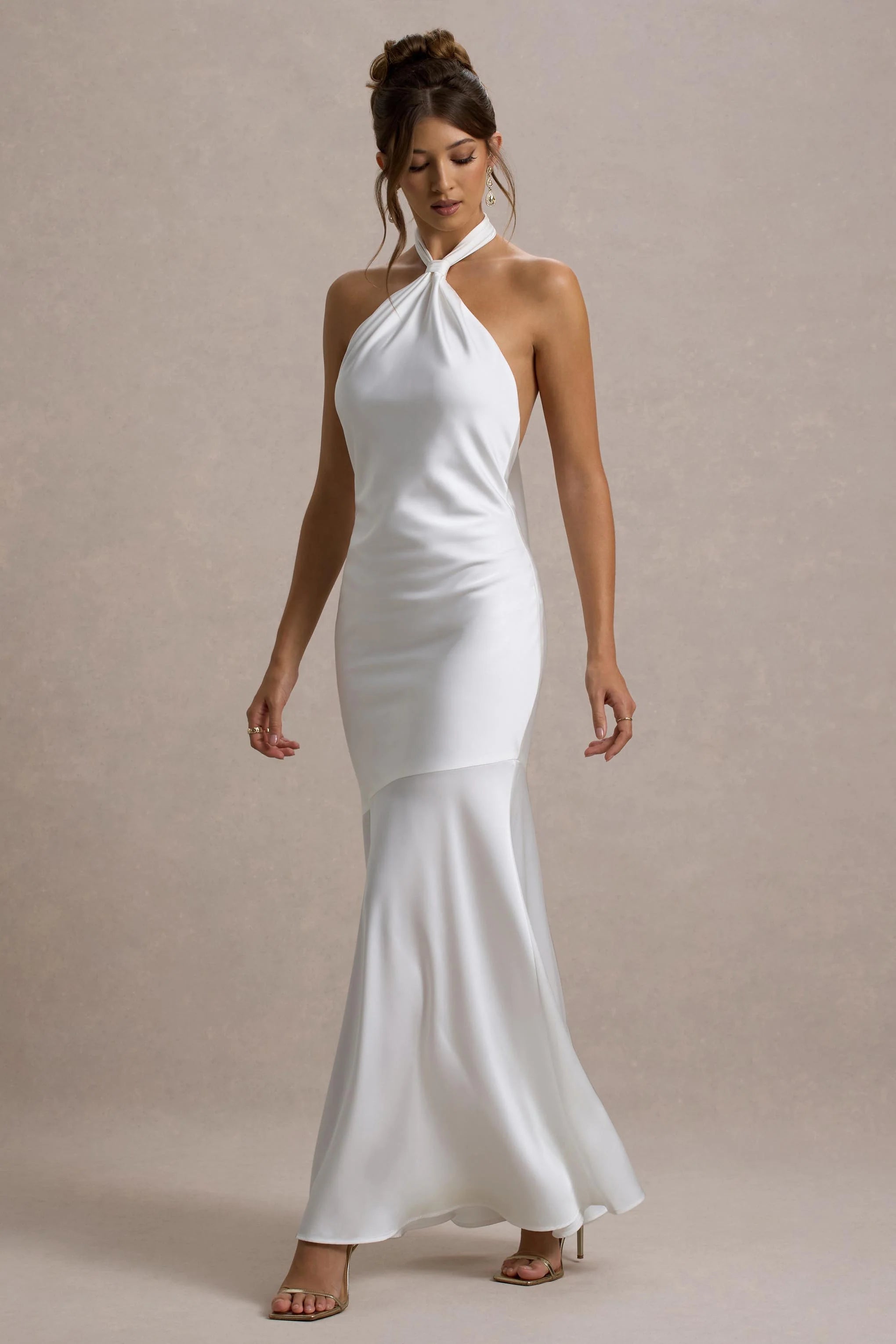 Knox White Satin Knot Halter Neck Maxi Dress