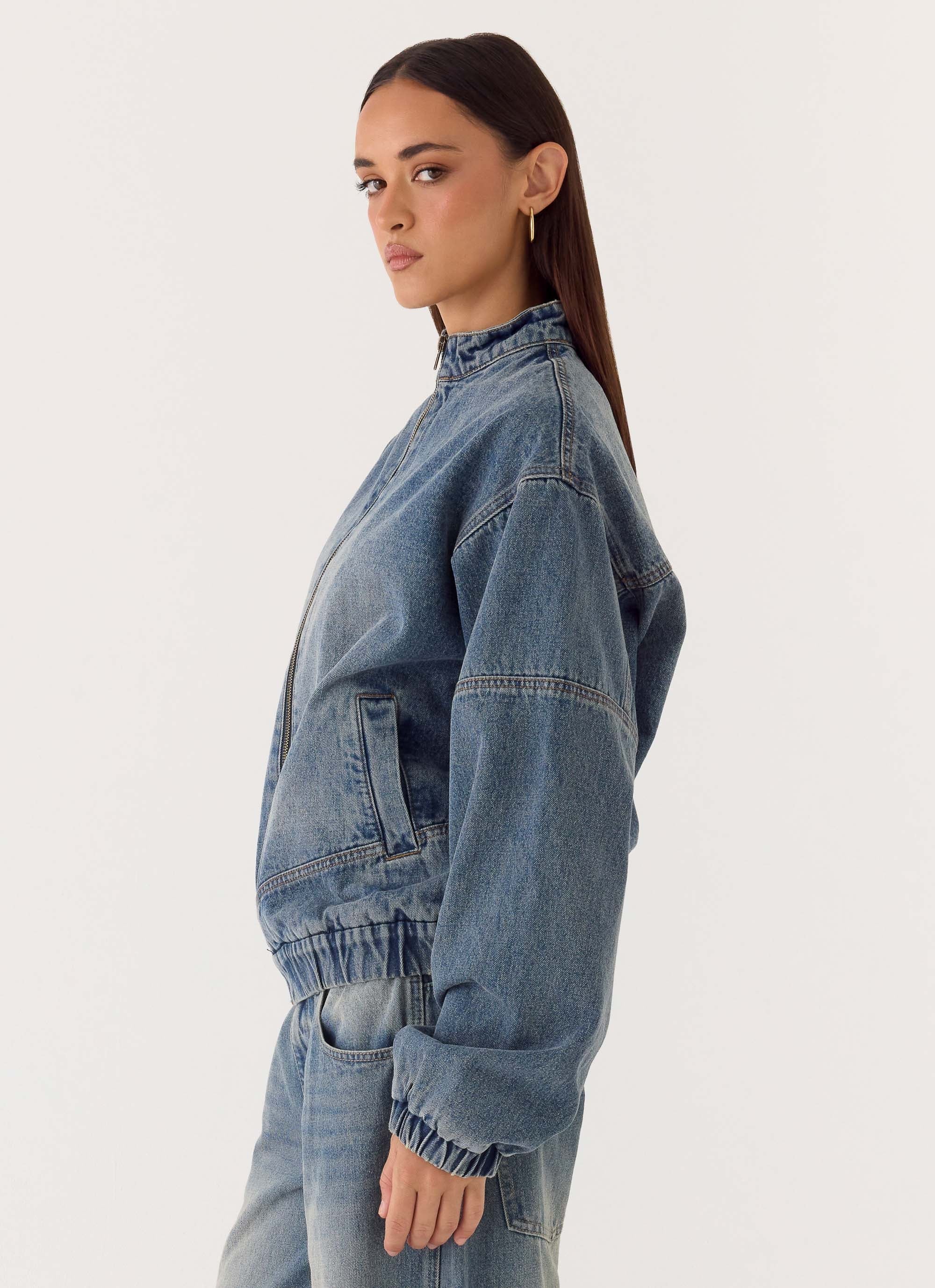 Waylon Denim Bomber Jacket Mid Wash Blue