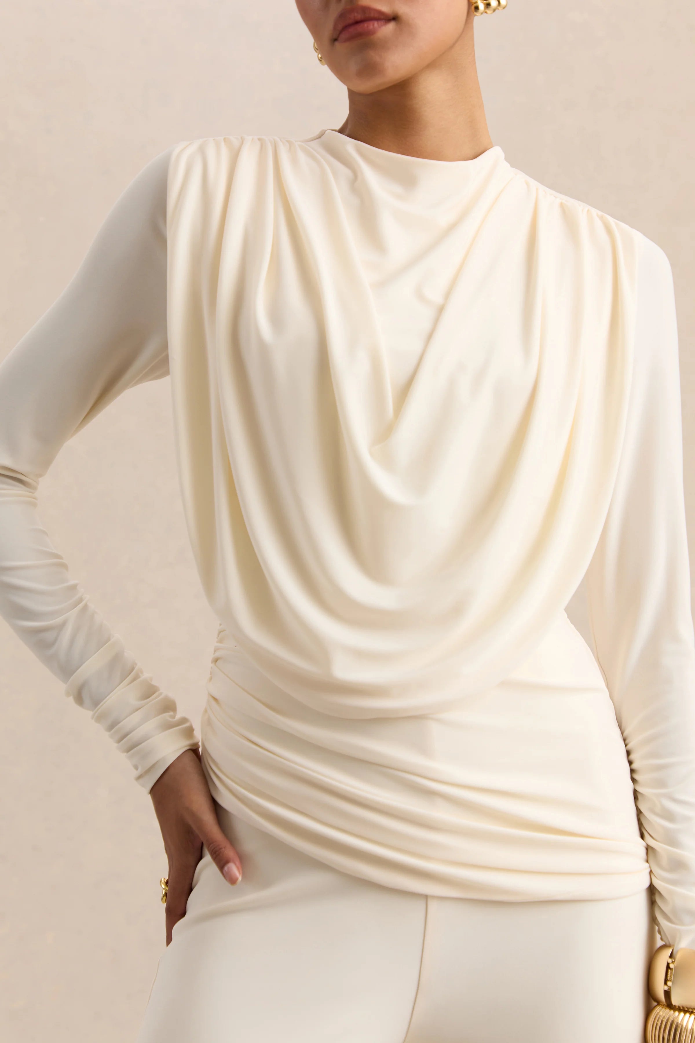 Raniella White High Neck Top With Gathered And Draped Detailing