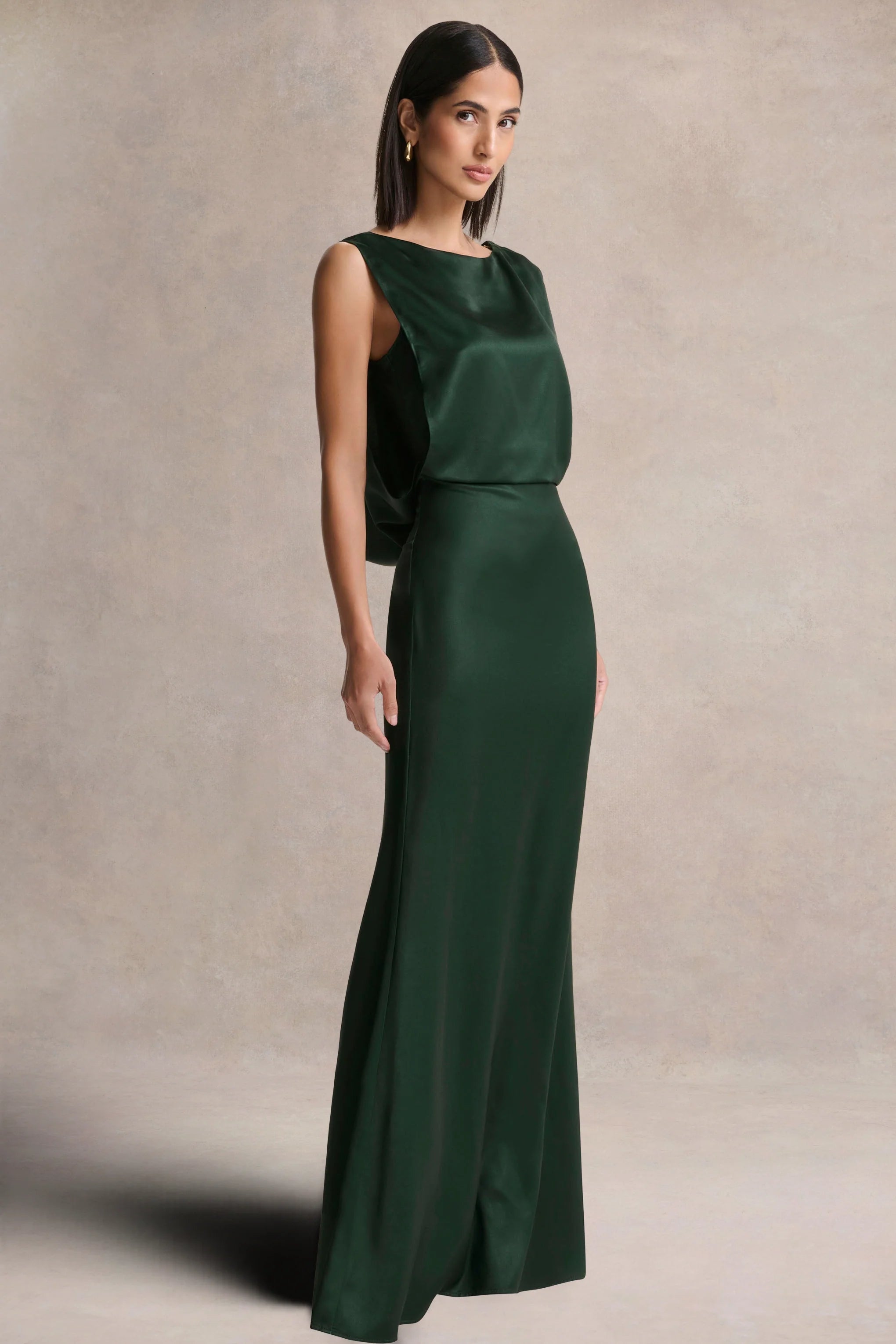 Stacey Dark Green Slashed Neck Maxi Dress With Open Back And Embellished Detail
