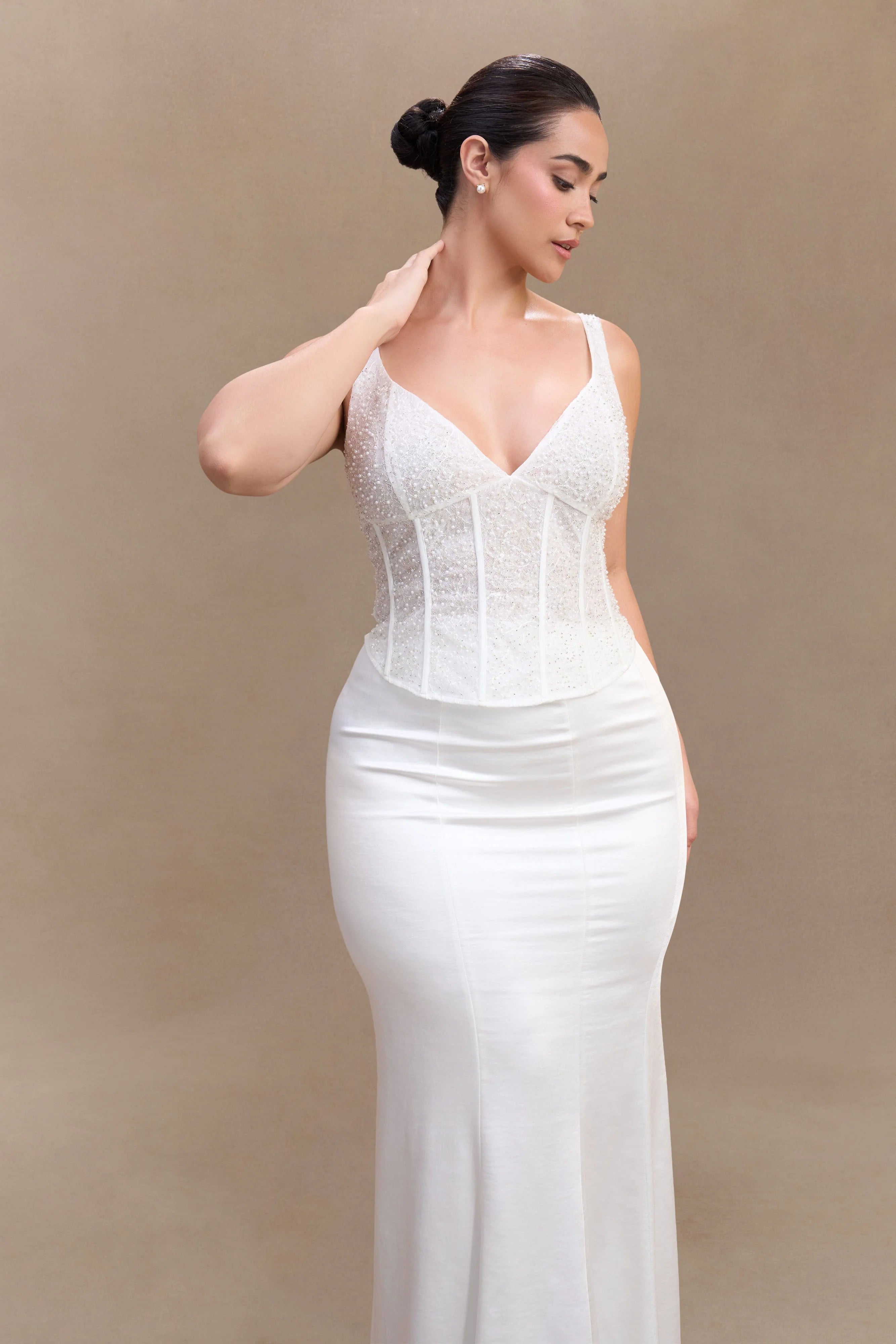 Elsie Pearl Beaded Bustier Top White
