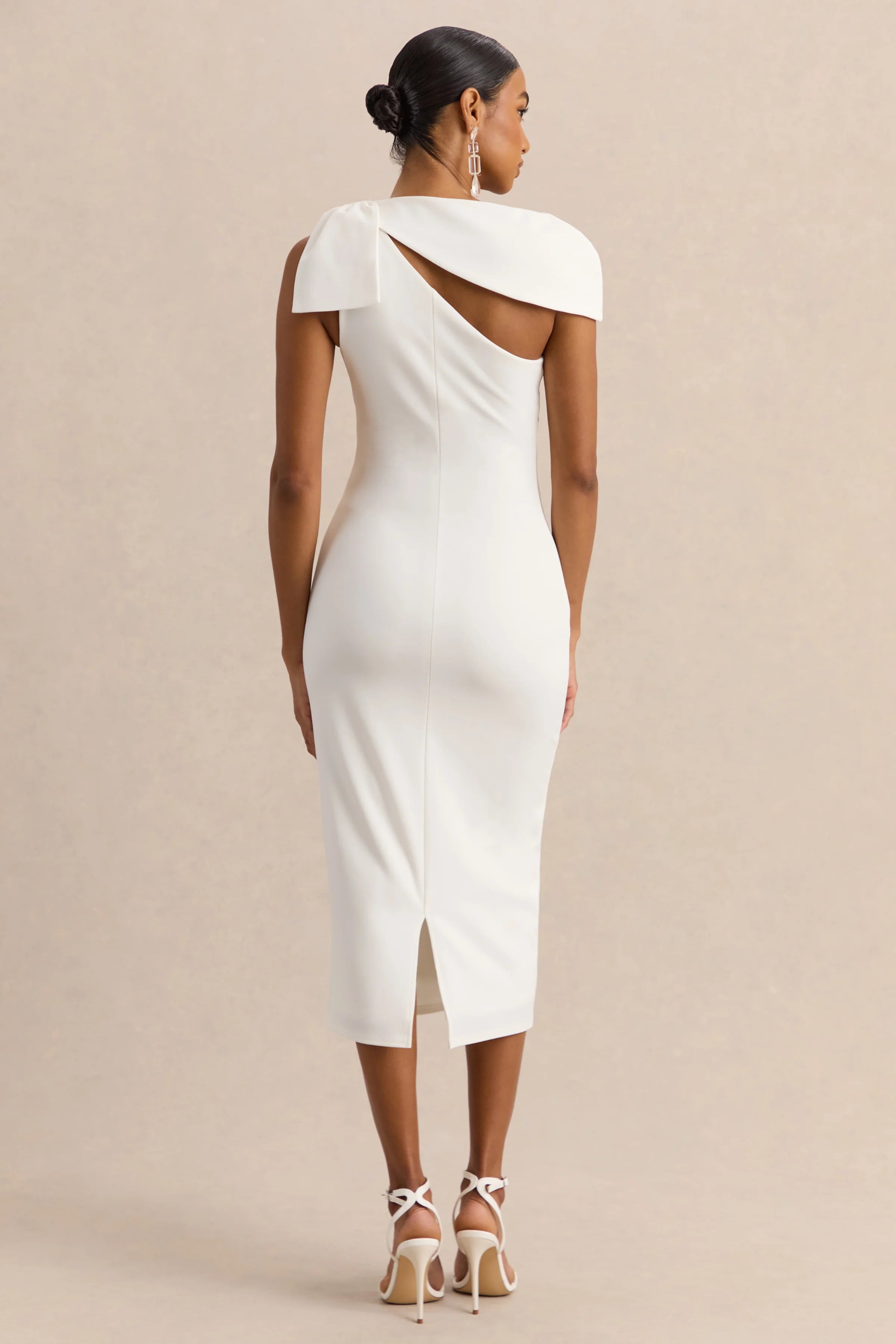 Clarina White Asymmetric Neck Midi Dress With Bow Detail