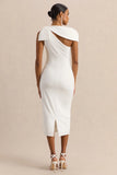 Clarina White Asymmetric Neck Midi Dress With Bow Detail