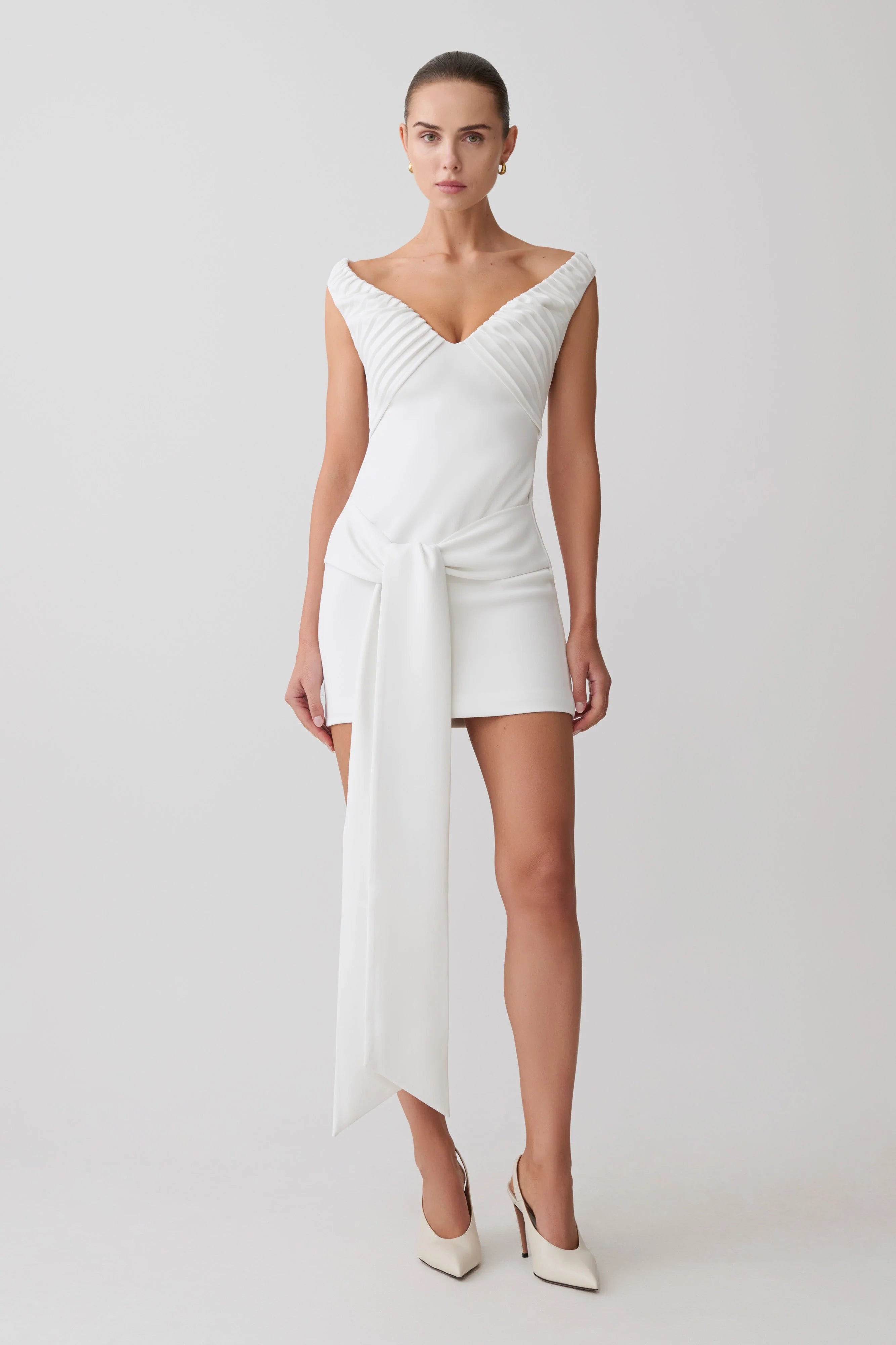 Runa Off Shoulder Mini Dress With Waist Tie White