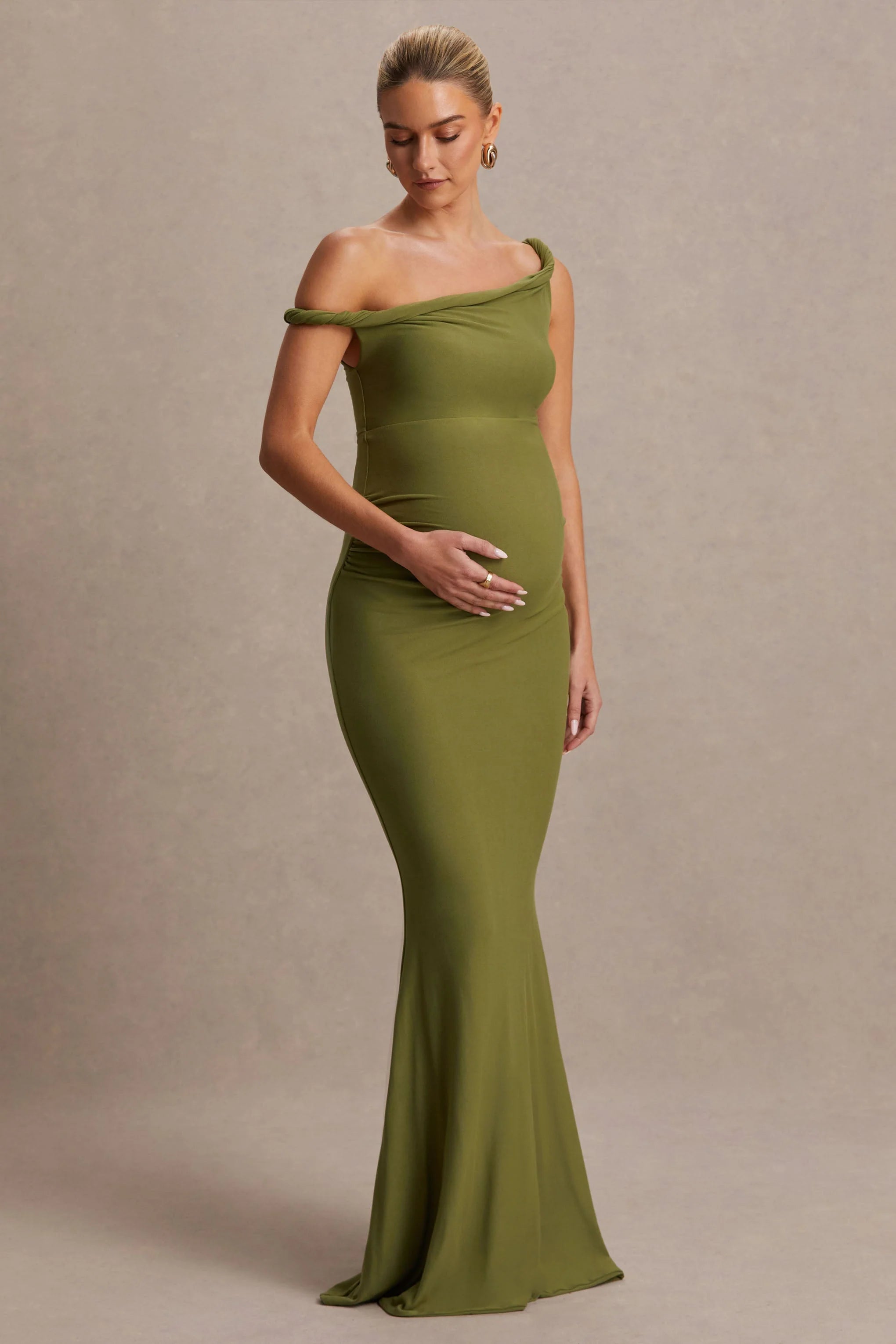 Lita Olive Twisted Asymmetric Maternity Maxi Dress