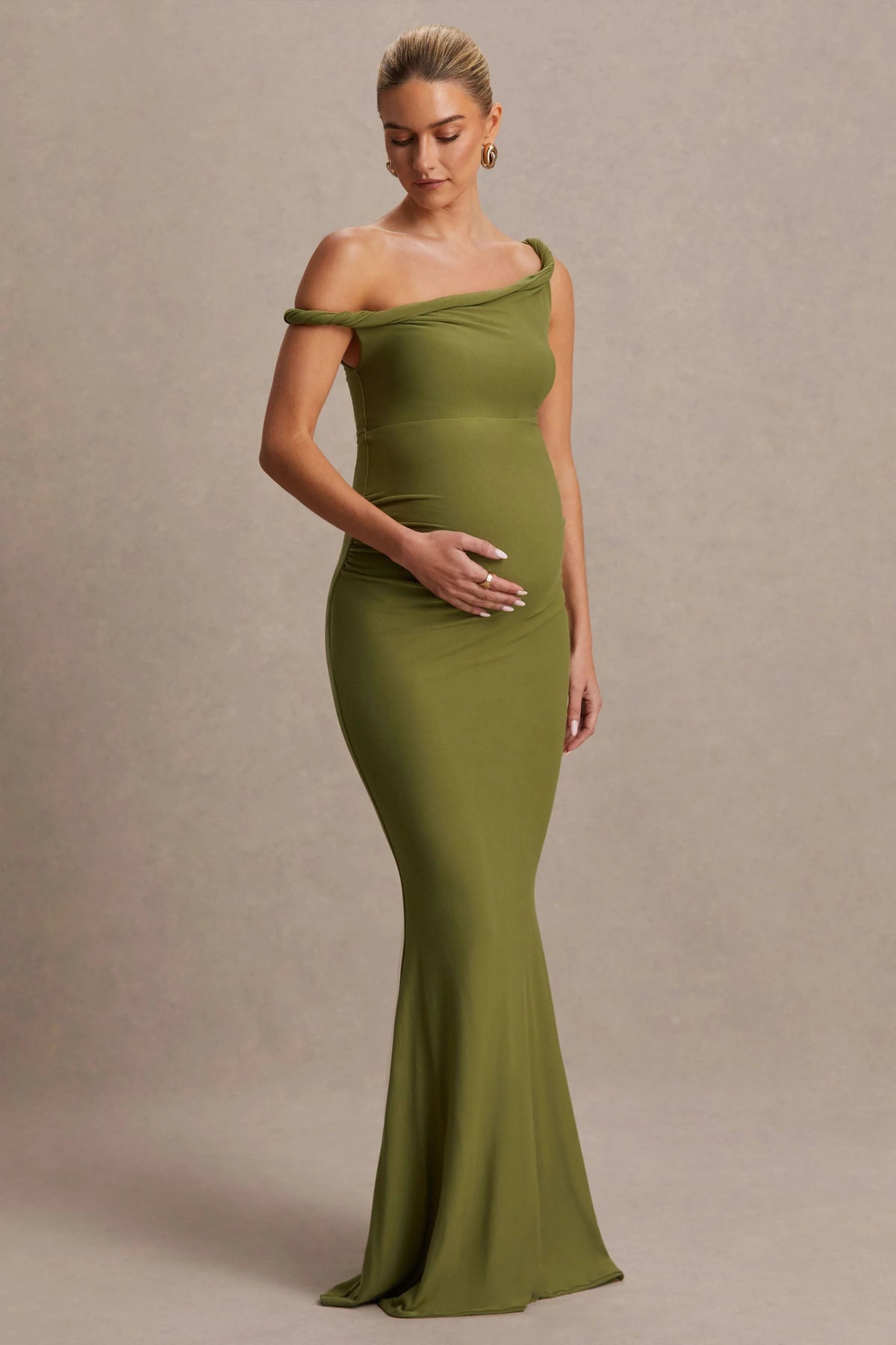 Lita Olive Twisted Asymmetric Maternity Maxi Dress