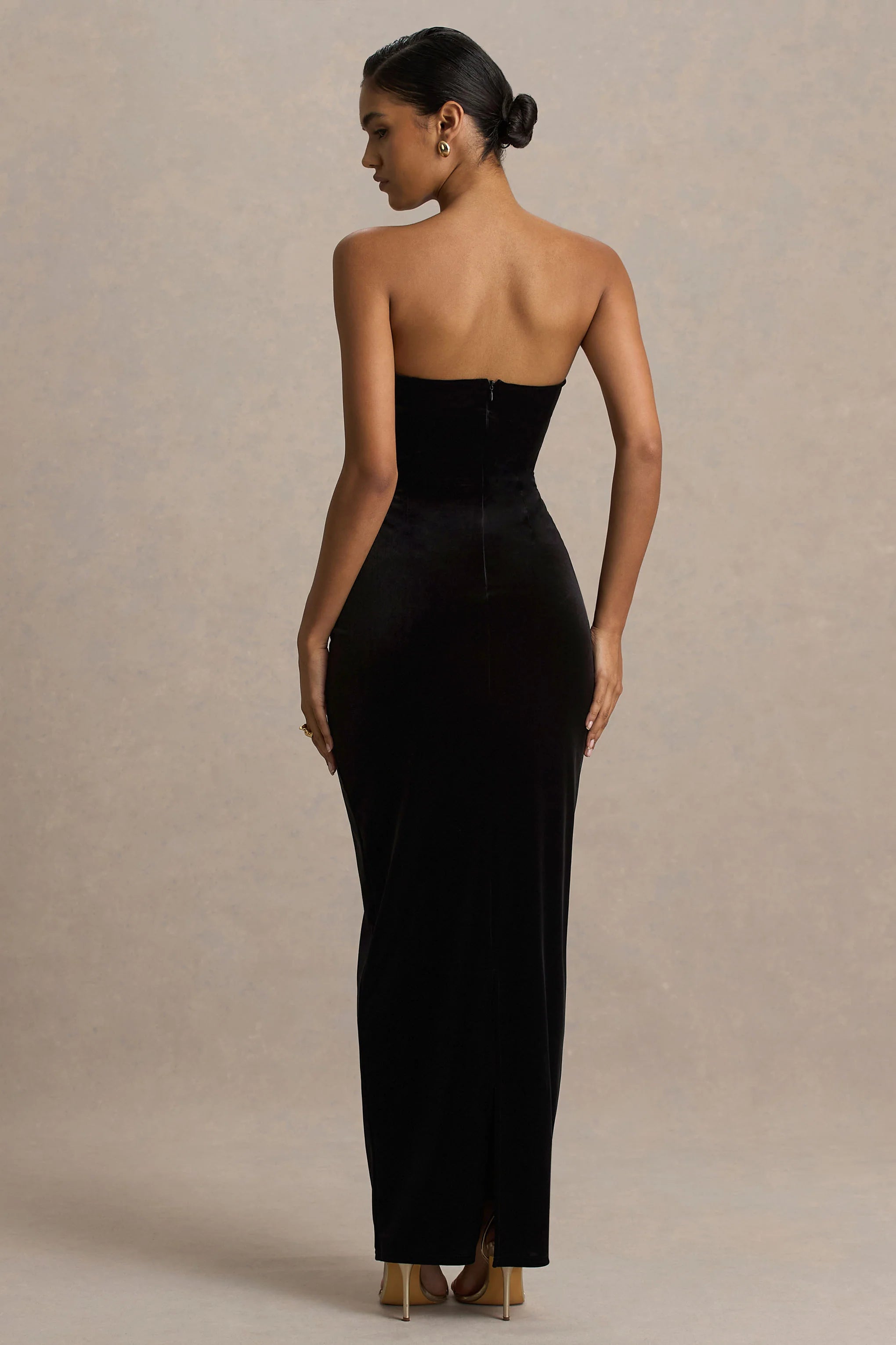 Illusion Black Velvet Bandeau Maxi Dress With Bow Detail