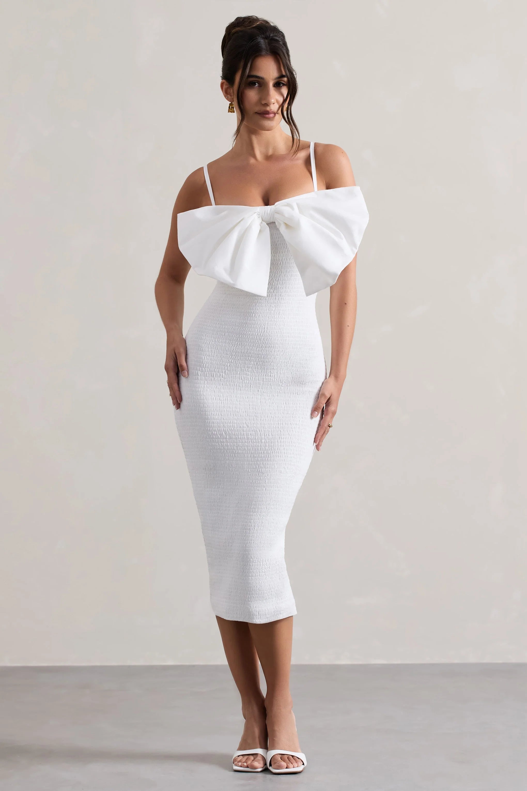 Love Poem White Bodycon Midi Dress With Oversized Bow