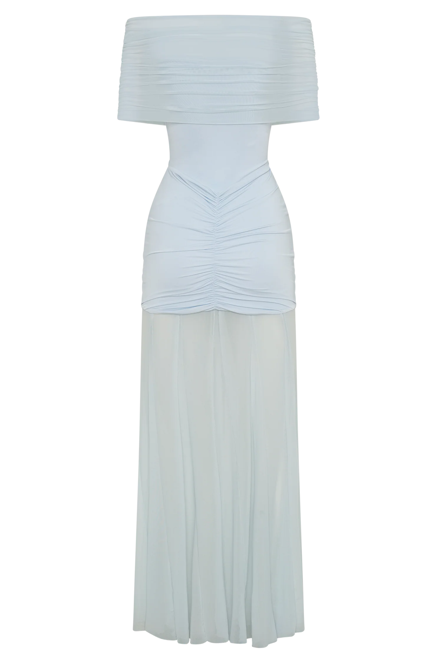 Caspian Slinky And Mesh Off Shoulder Maxi Dress Pale Blue