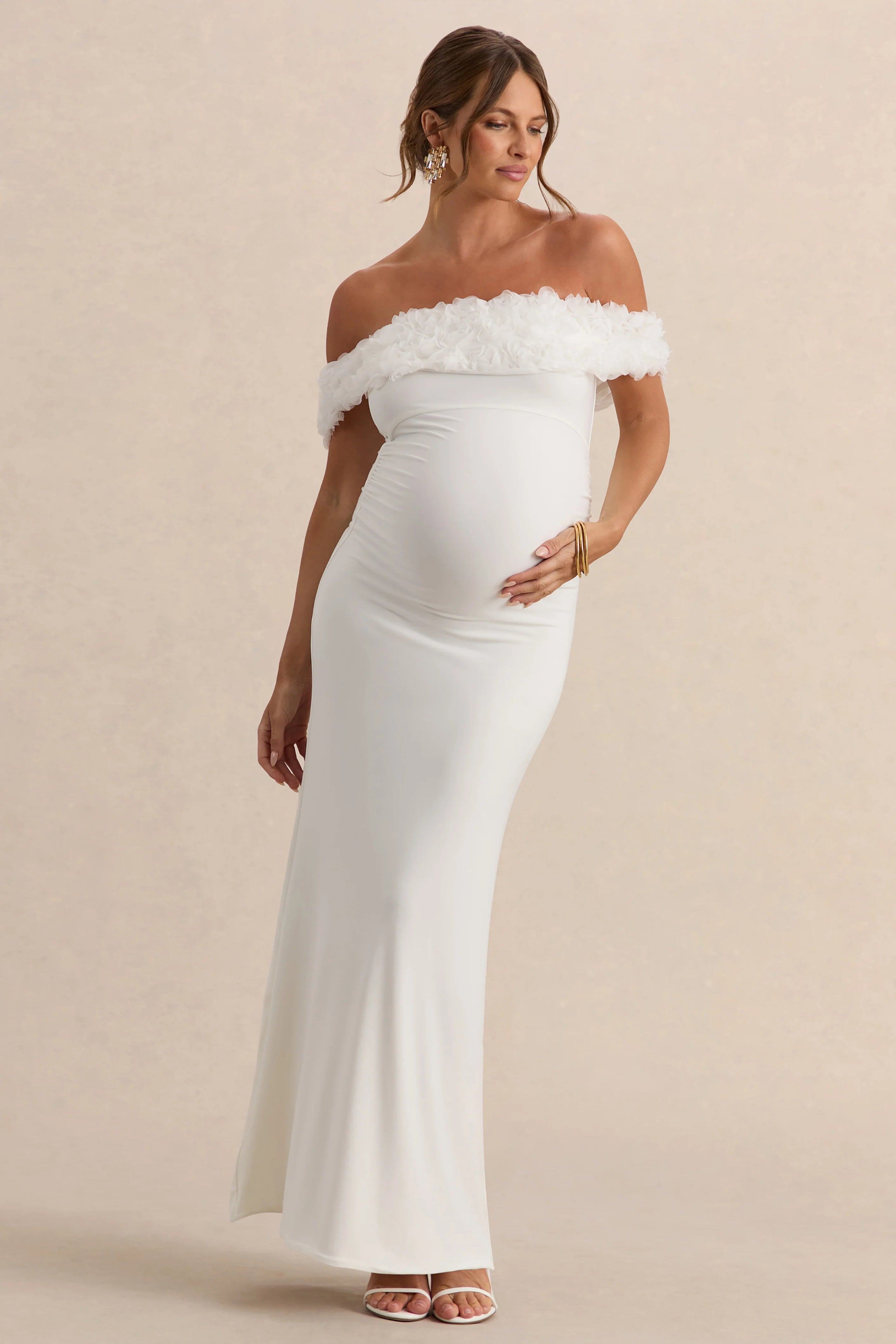 Inflorescence White Mesh Floral Bardot Maternity Maxi Dress
