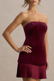 Valentina Burgundy Velvet Bandeau Mini Dress With Pleated Detailing