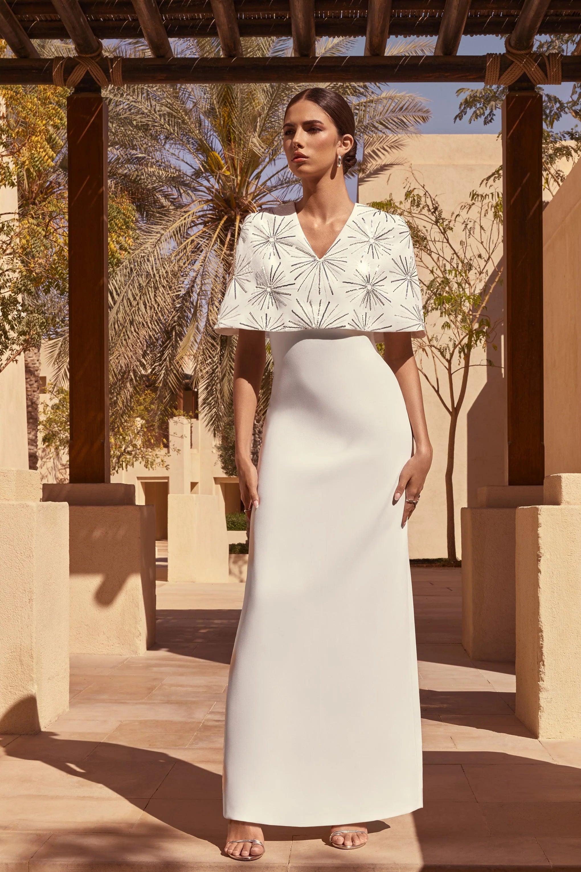 Agnella White Embellished V Neck Maxi Dress
