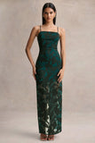 Hada Dark Green Satin Devore Square Neck Maxi Dress With Removable Twisted Cape