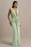 Serafina Light Green Extreme Plunge Neck Maxi Dress With Wrap And Ruched Details