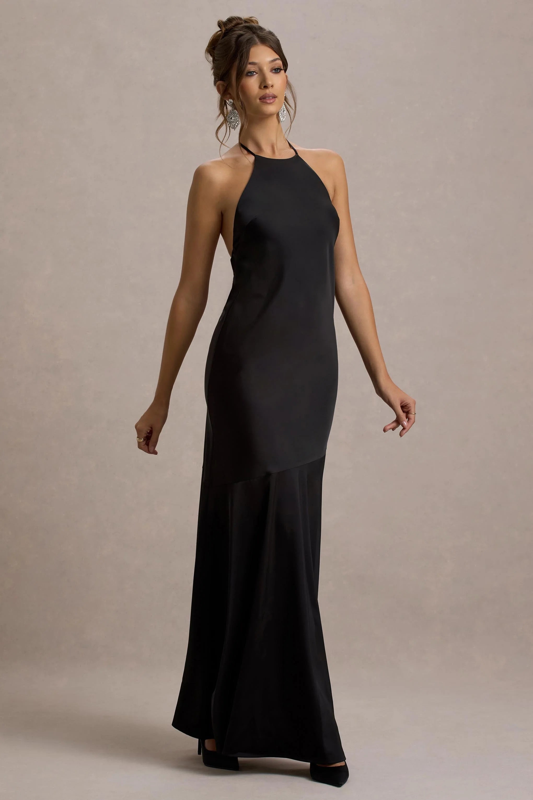 Frida Black Satin Halter Neck Backless Maxi Dress