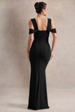 Amoura Black Square Neck Draped Wrap Maxi Dress