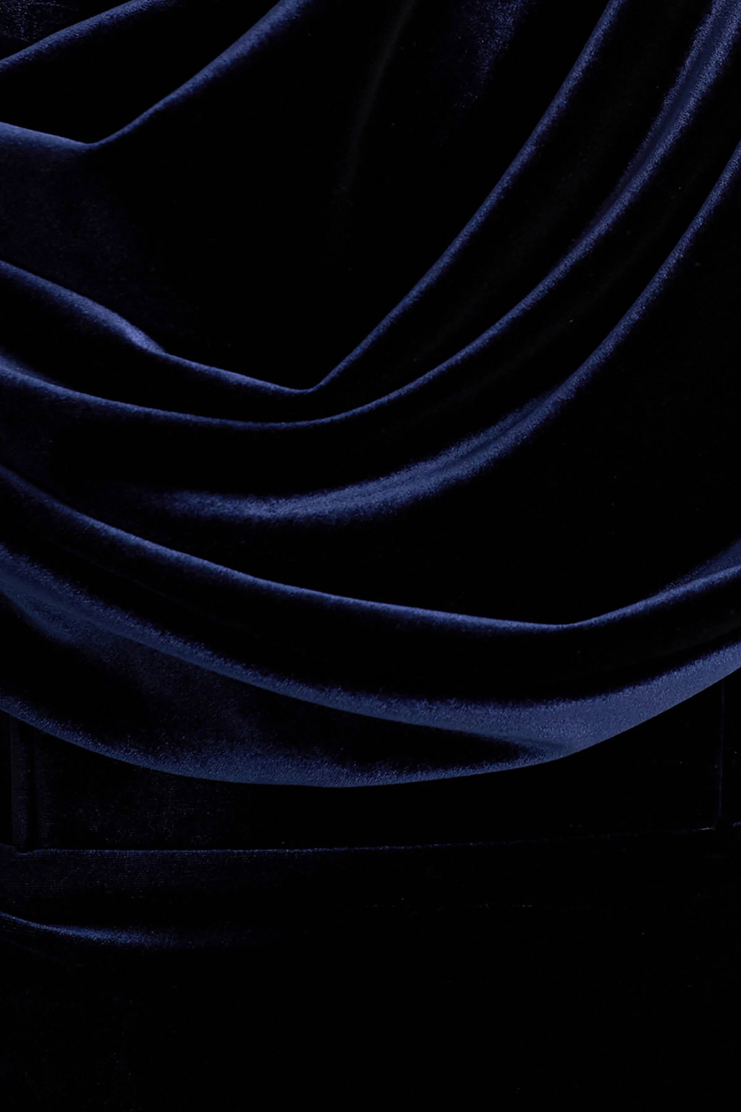High End Navy Velvet Asymmetric Neck Midi Dress With Draped Detailing