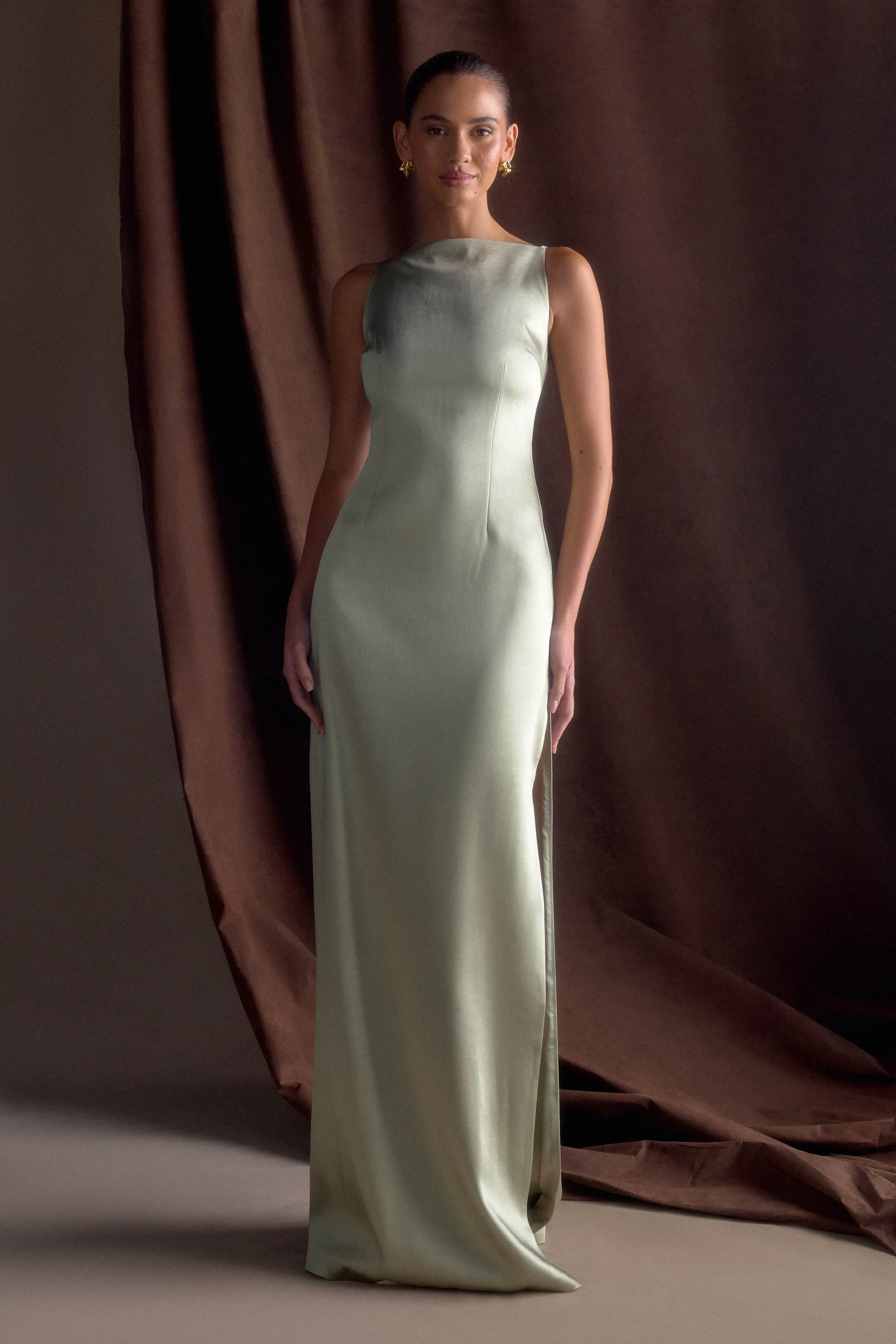 Violet Sleeveless Satin Maxi Dress Sage