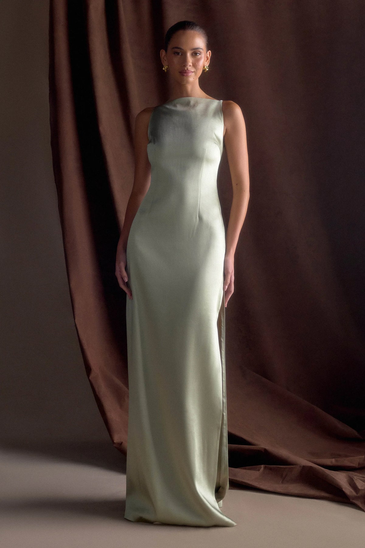 Violet Sleeveless Satin Maxi Dress Sage