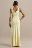 Pure Affection Pale Lemon Cowl Neck Maxi Dress With Ruched Detailing And Front High Split