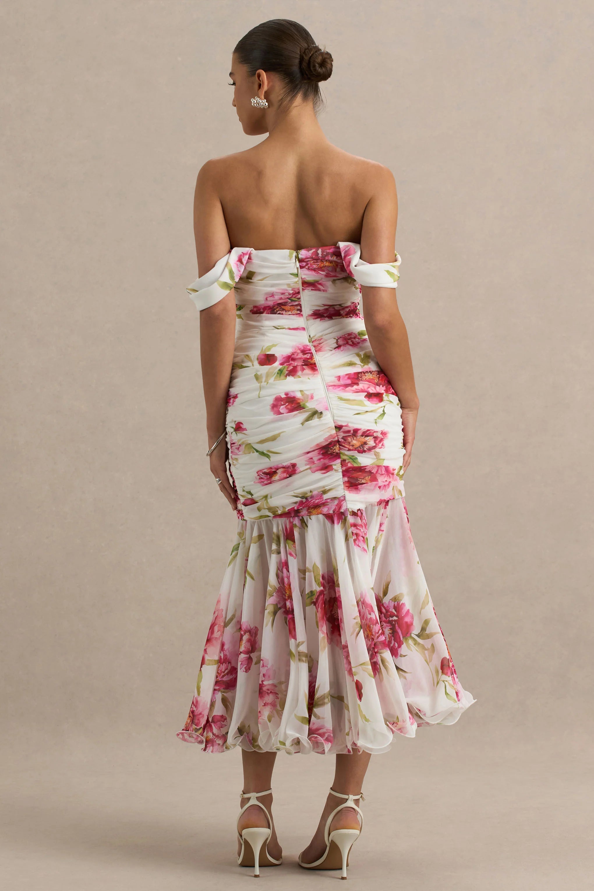 Madelyn Cream Floral Print Short Sleeve Bardot Wrap Maxi Dress With Ruching