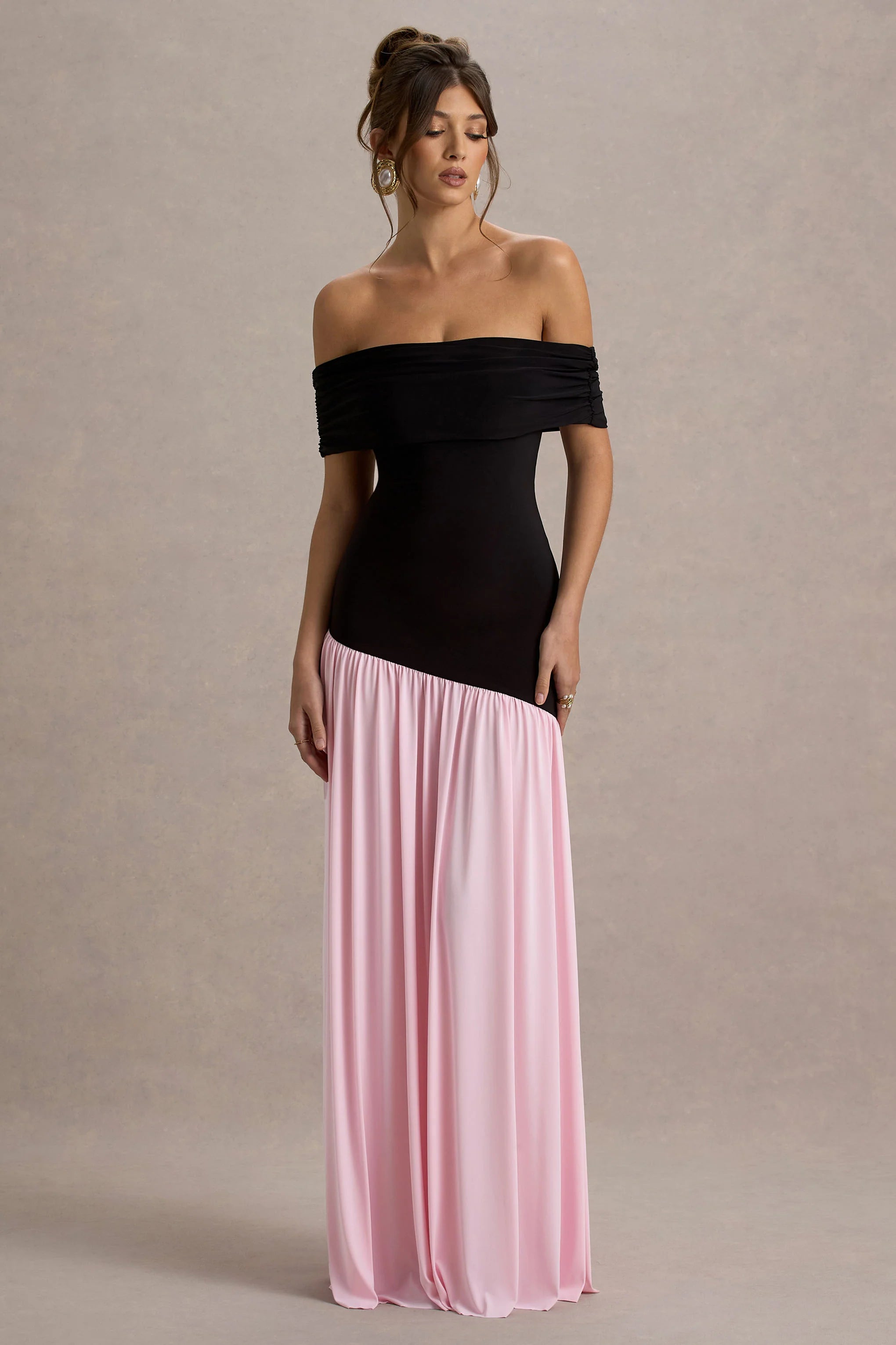 Venezia Black Pink Bardot Maxi Dress With Drop Waist
