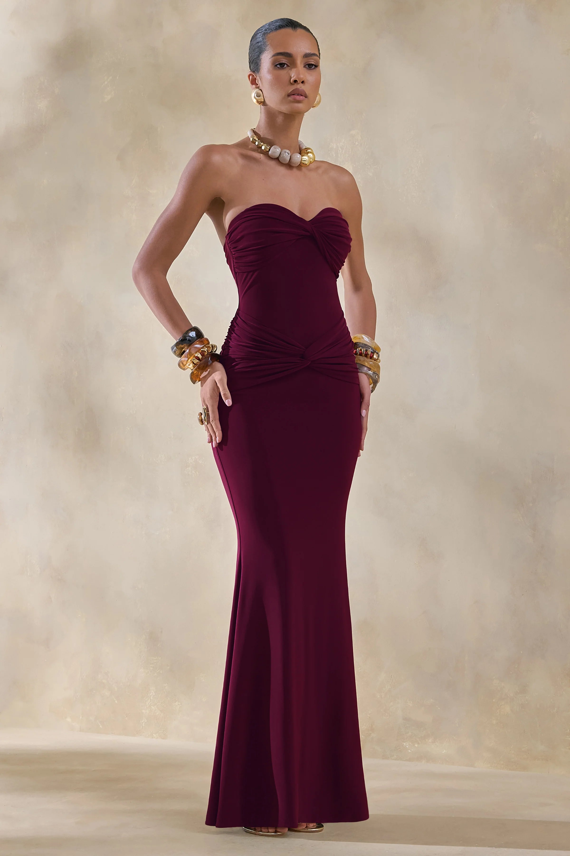 Elodia Burgundy Bandeau Maxi Dress With Gathered Detailing