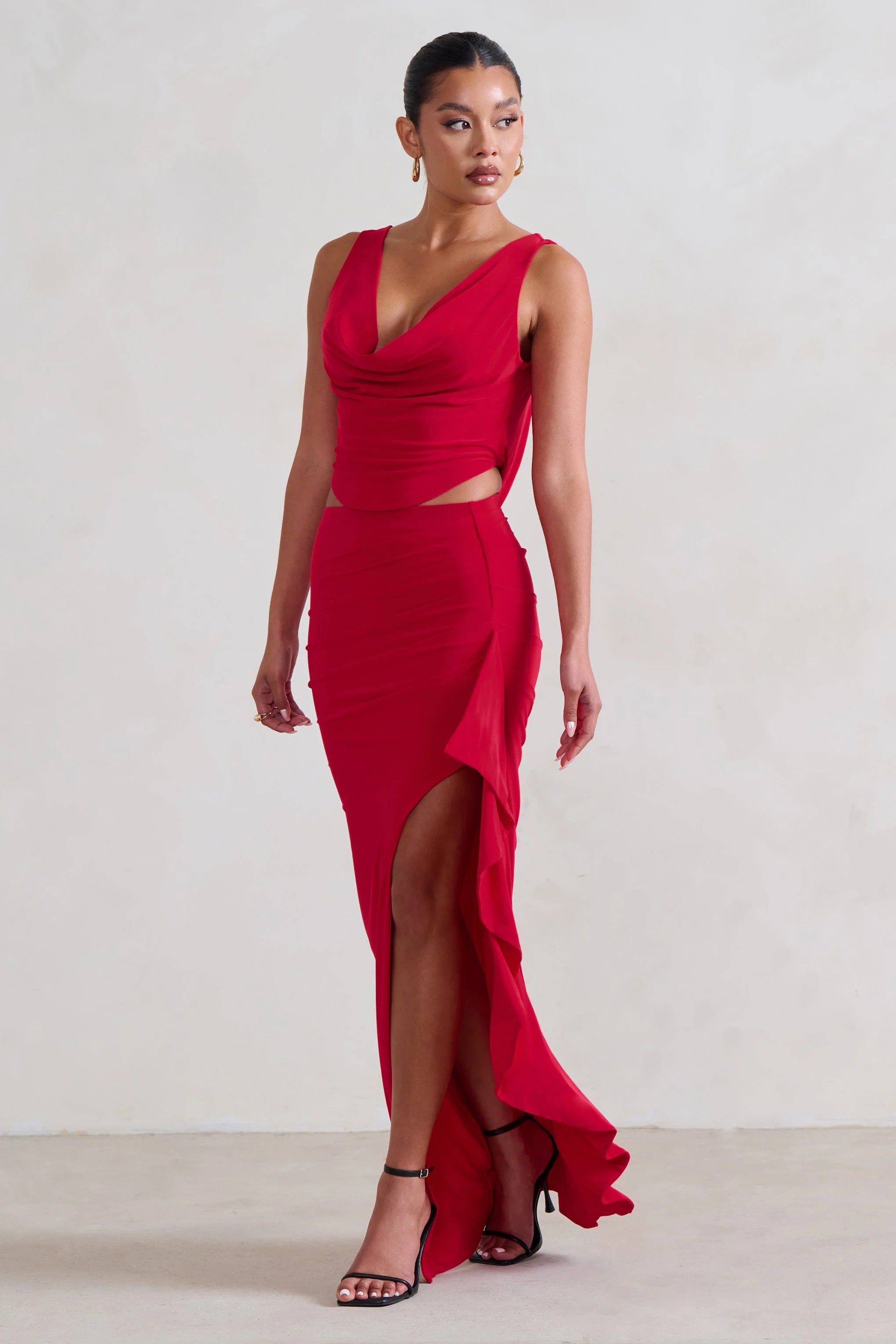 La Belle Red Ruffle Maxi Skirt With Thigh Split