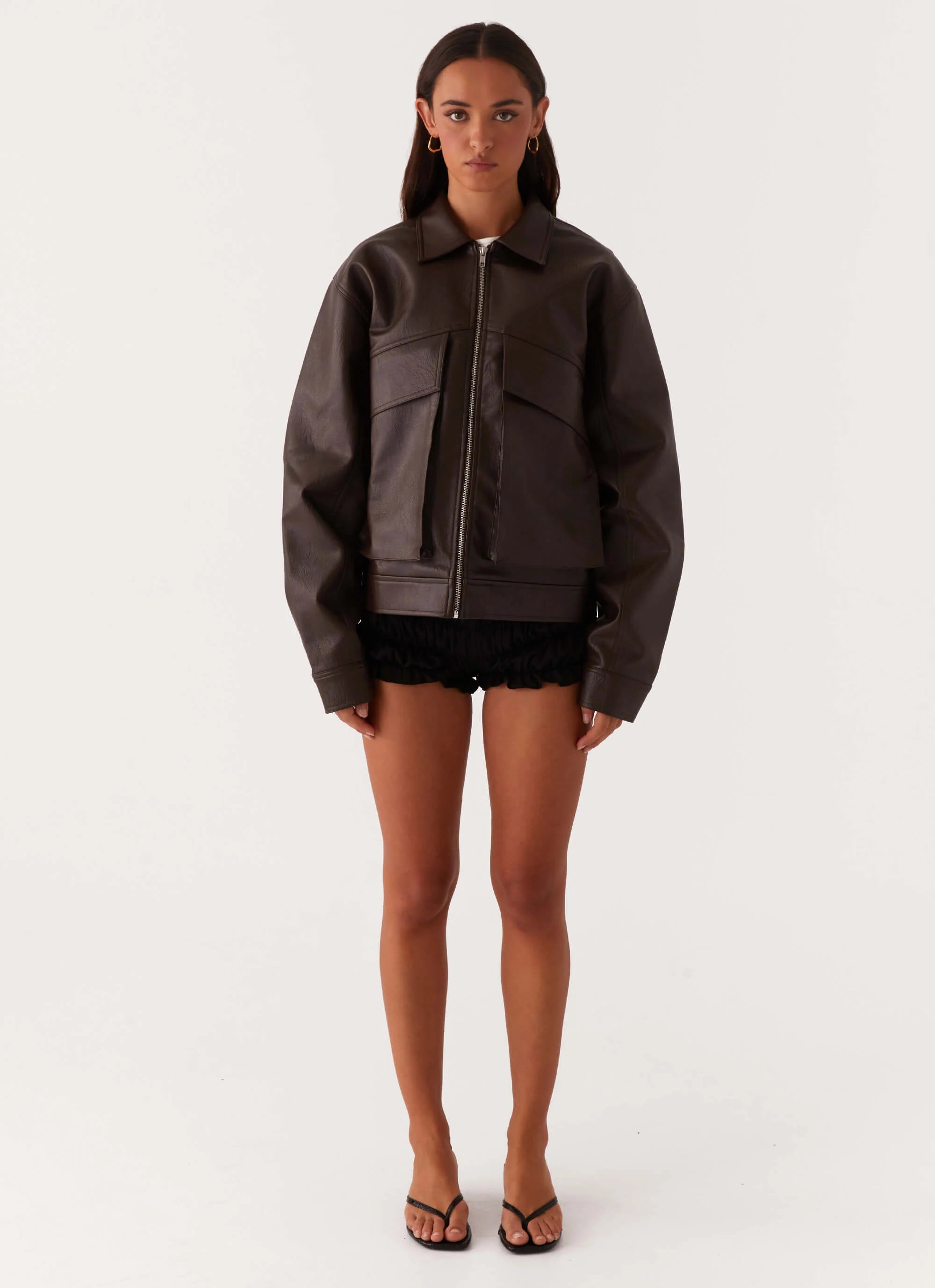 Lula Faux Leather Bomber Jacket Chocolate