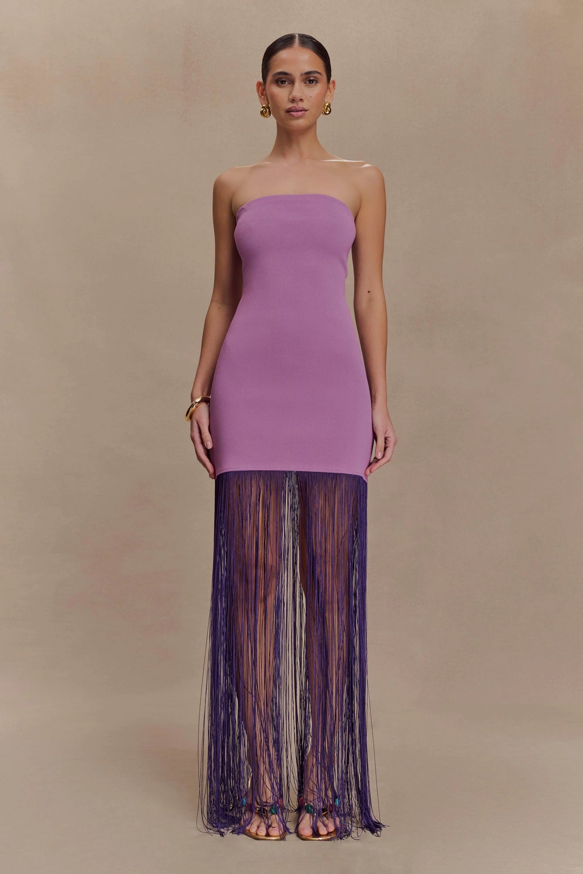 Koah Fringe Bandage Knit Maxi Dress Purple