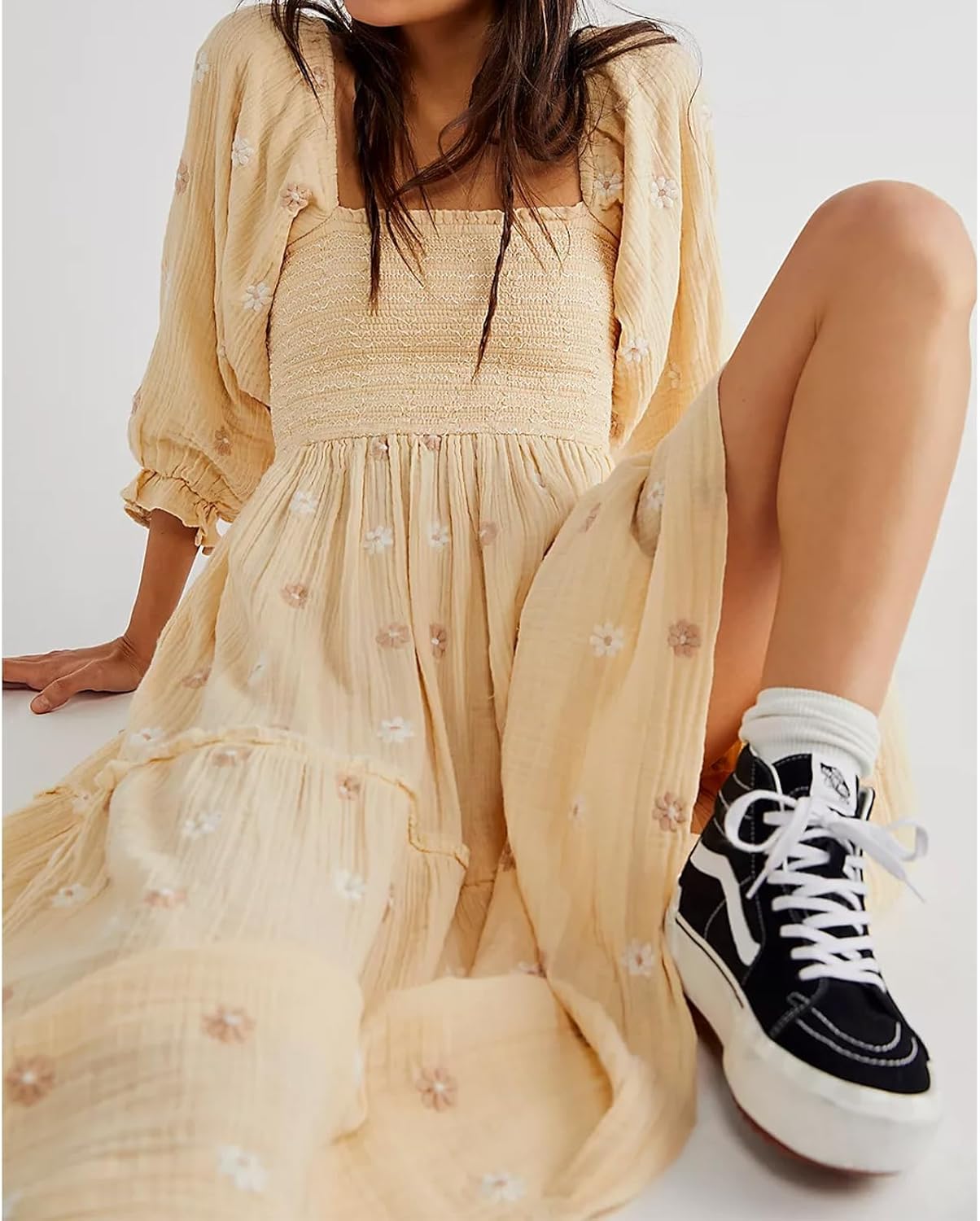 Women Floral Embroidered Maxi Dress Long Puff Sleeve Square Neck Bohemian Flowy Dress with Pockets Summer Fall