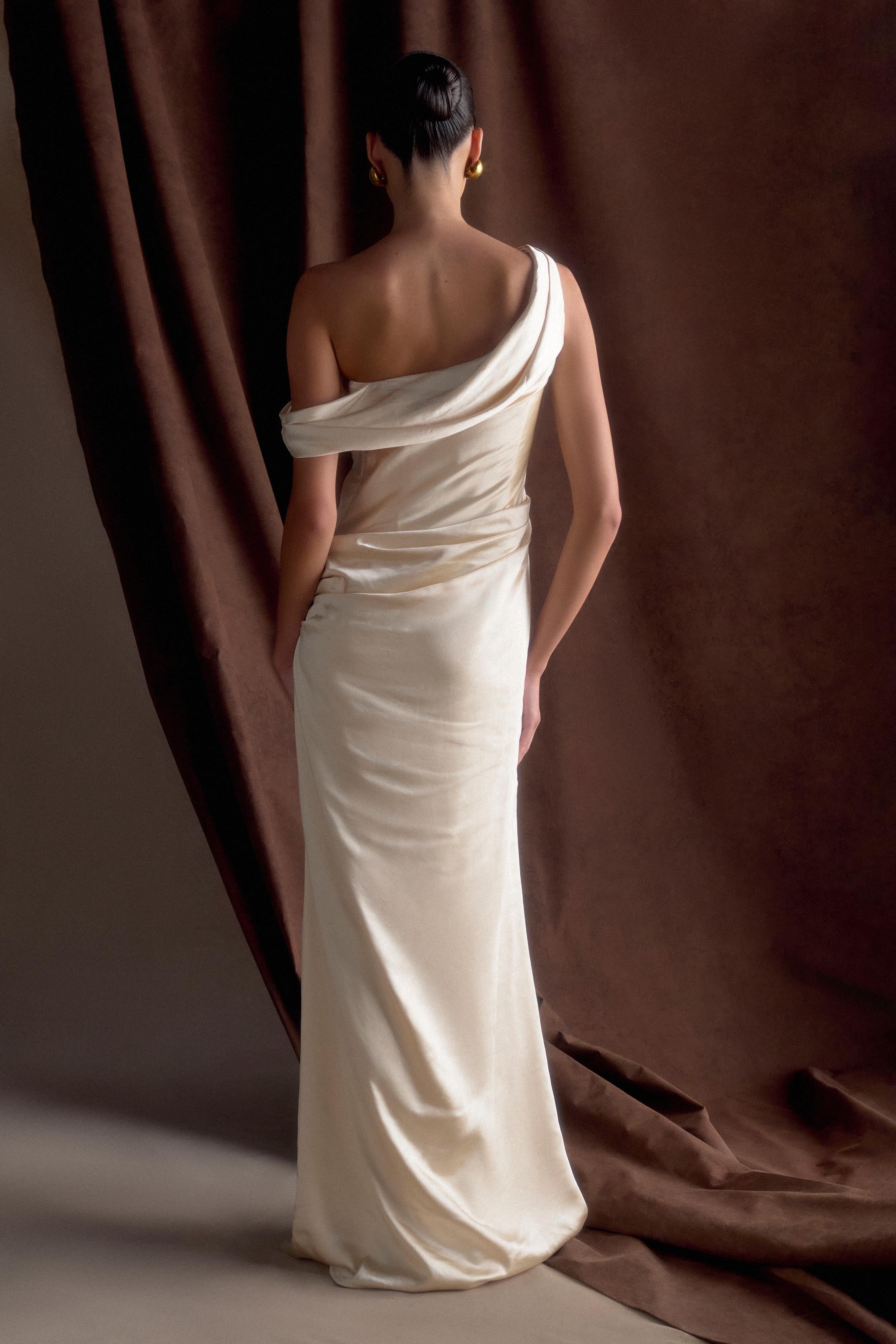 Dalia Off Shoulder Satin Maxi Dress Blush Gold