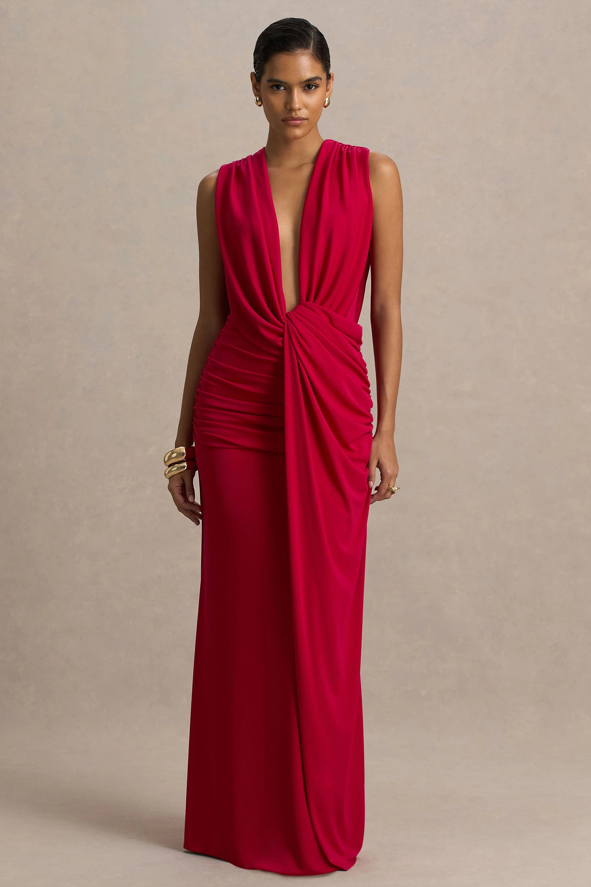Serafina Red Extreme Plunge Maxi Dress With Ruched Detailing And Open Back