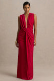 Serafina Red Extreme Plunge Maxi Dress With Ruched Detailing And Open Back